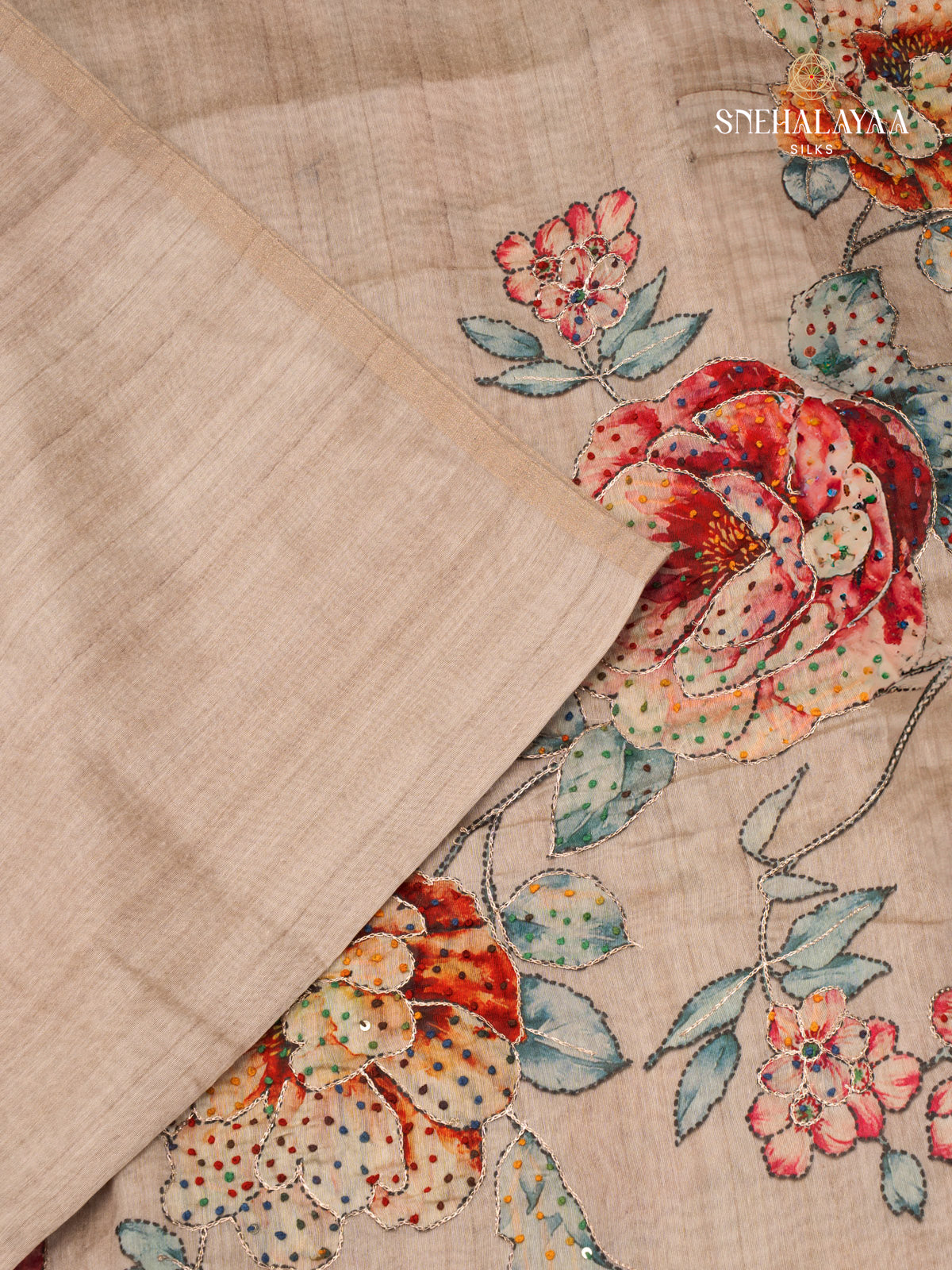 Beige Linen Embroidery Saree