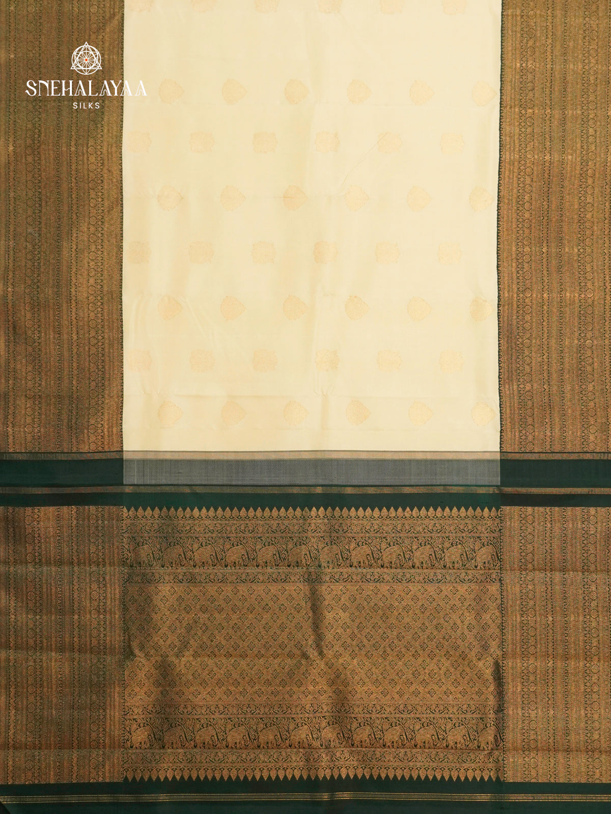 Ivory Pure Kanchipuram Silk Saree with Bottle Green Zari Border