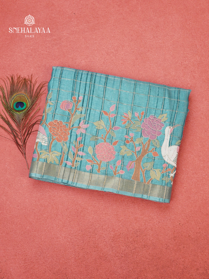 Teal Blue Munga Tussar Embroidery Saree