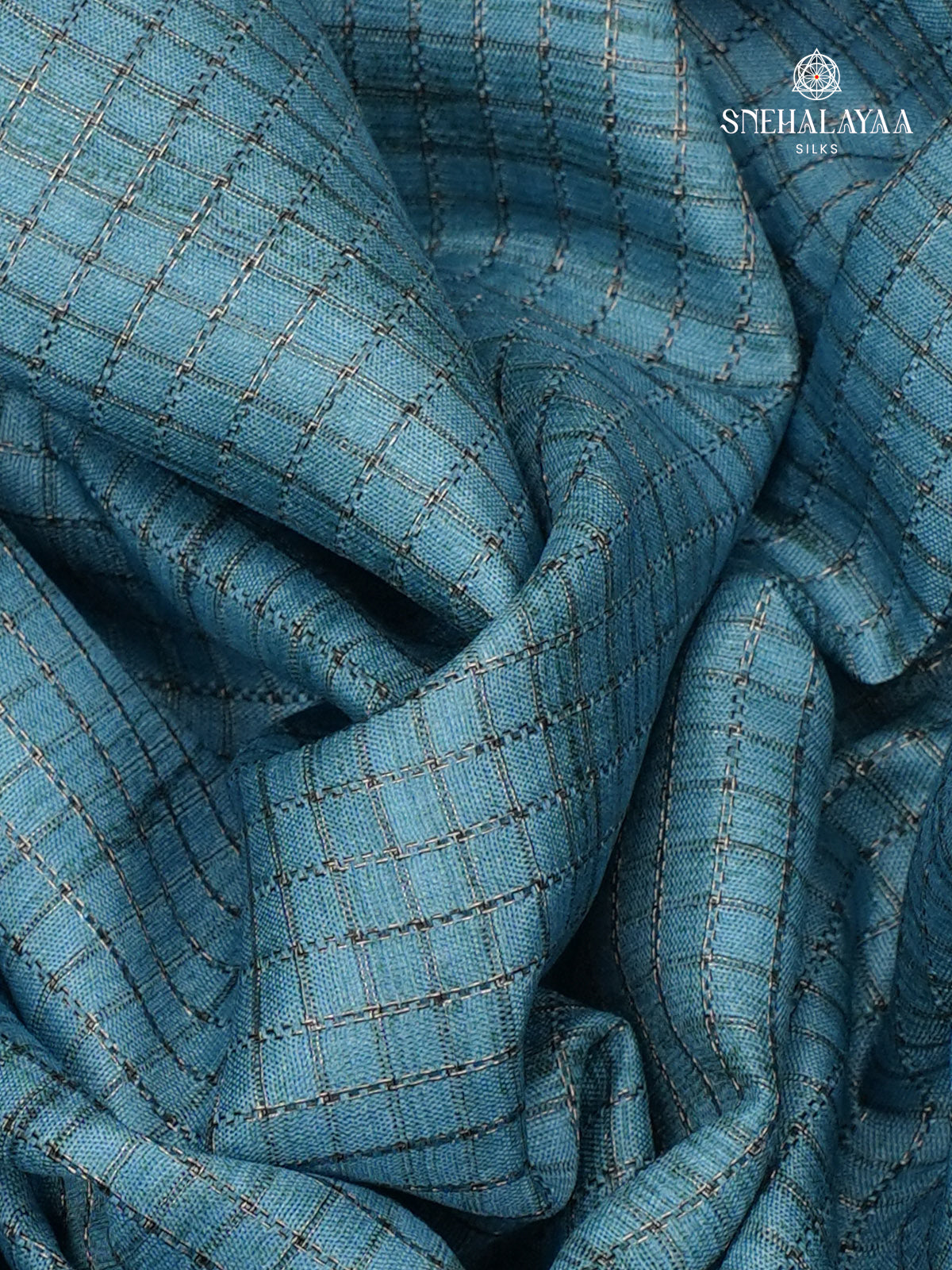 Teal Blue Printed Tussar Saree