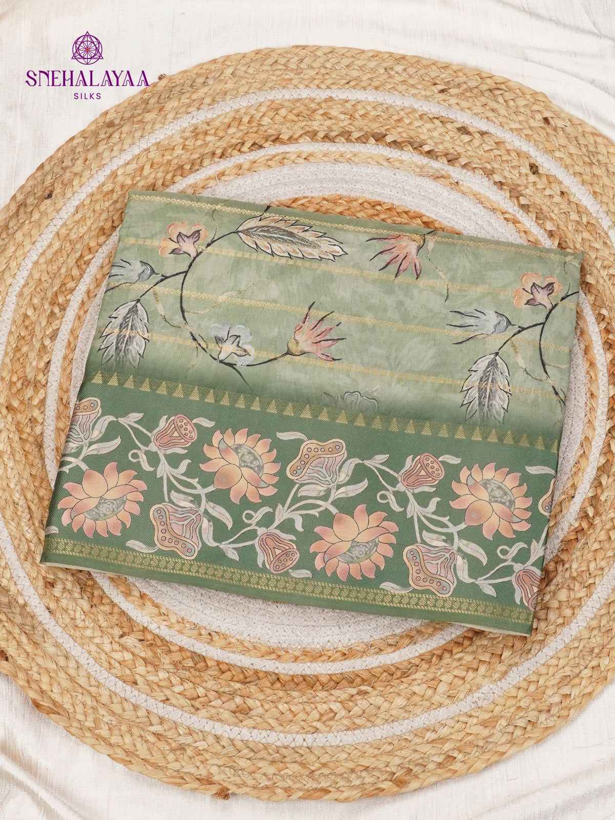 Pastel Green Floral Printed Tussar Saree