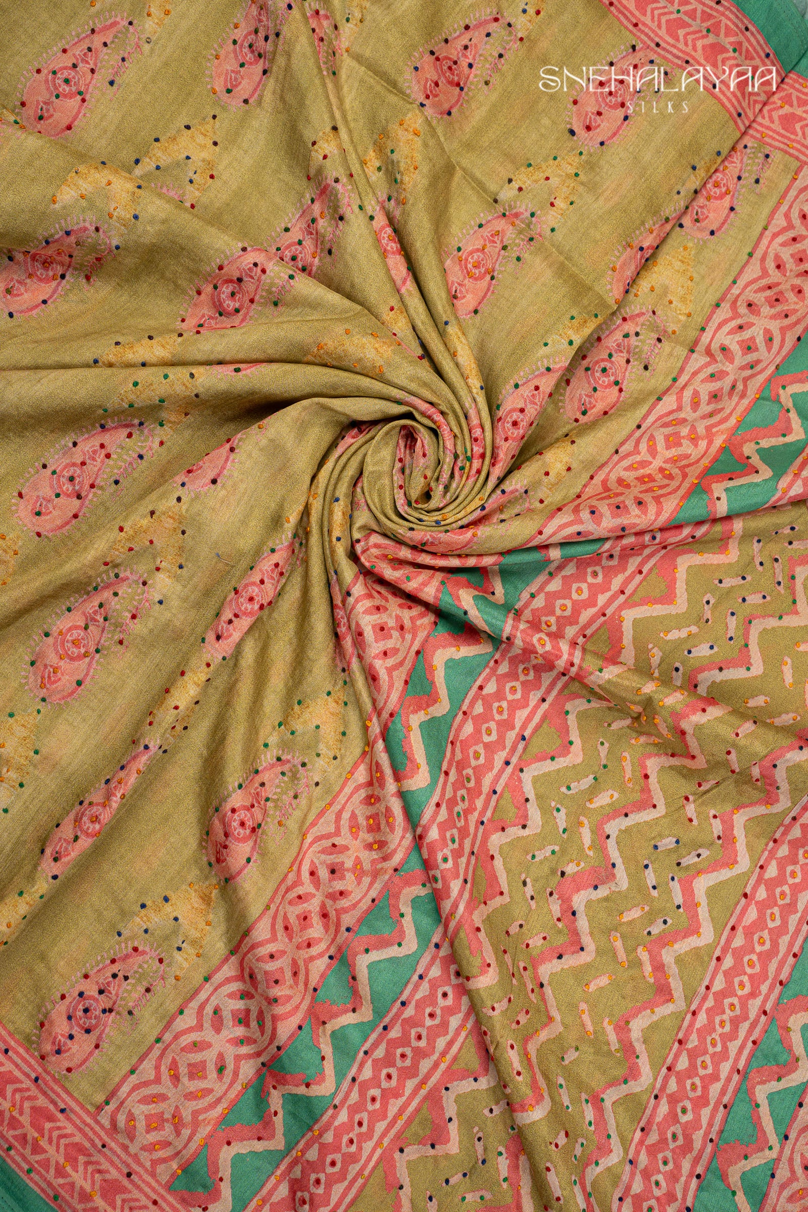 Olive Green Semi Tussar Saree