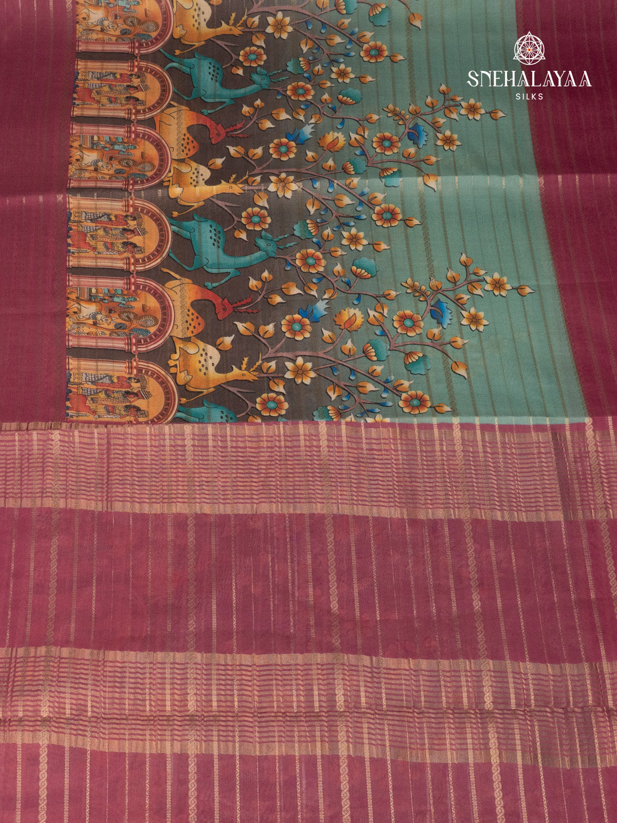 Sage Green Printed Mysore Silk Saree