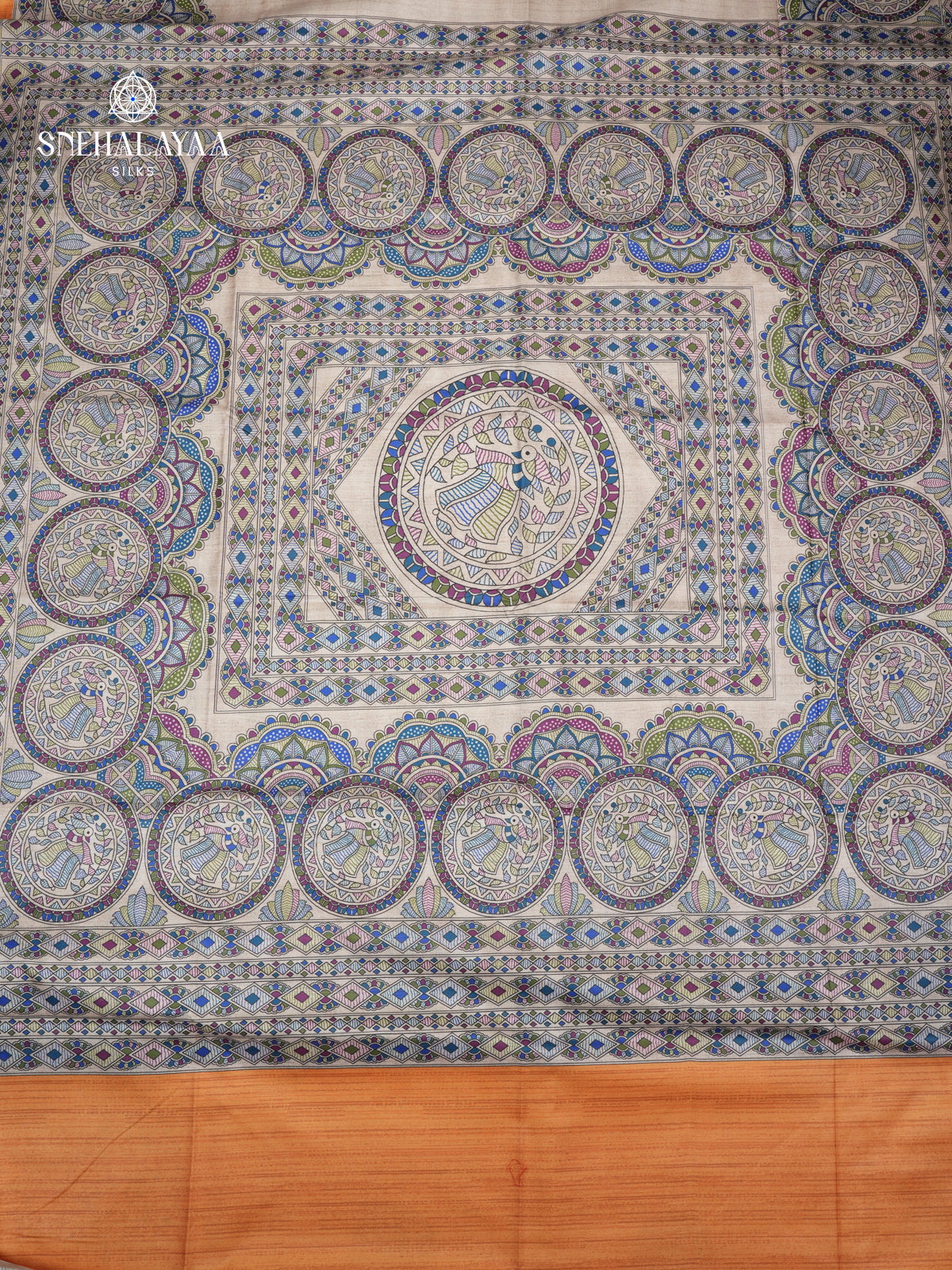 Beige With Yellow Border Madhubani Saree