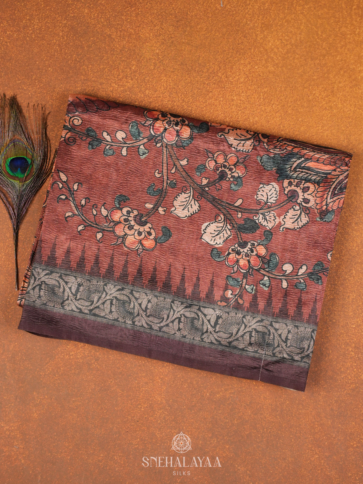 Brown Floral Printed Tussar Saree