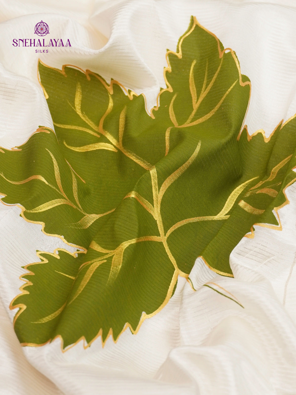 Off White Mangalagiri Silk Cotton Saree with Hand Painted Olive Green Leaf Motifs