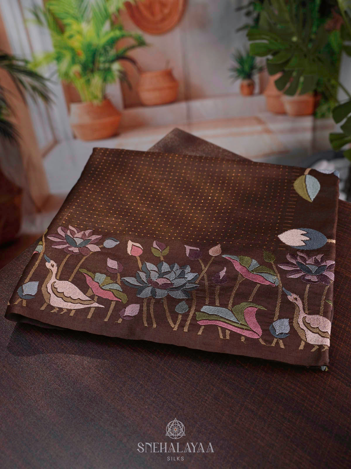 Brown Tussar Embroidery Saree