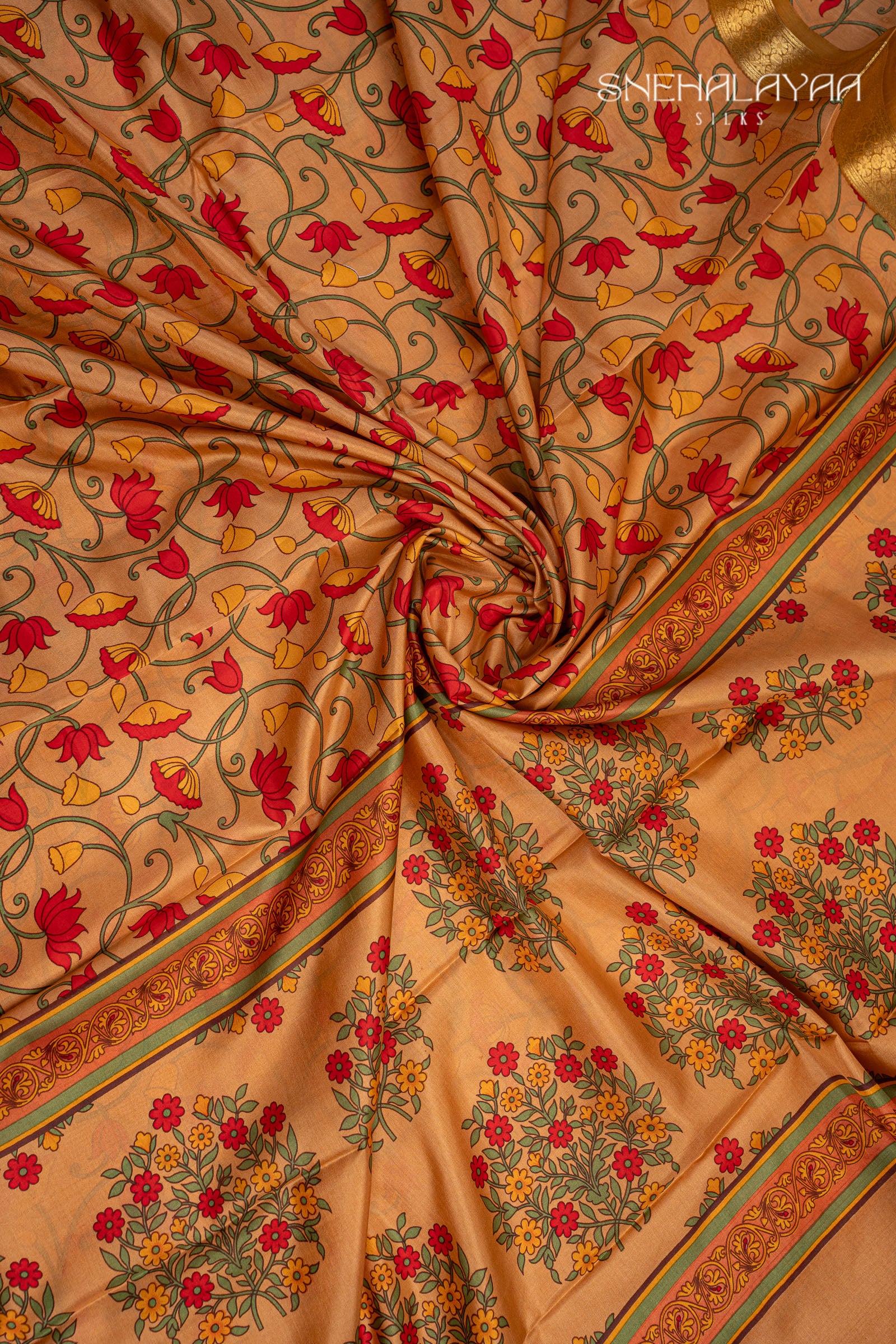 Apricot Orange Printed Mysore Silk Saree