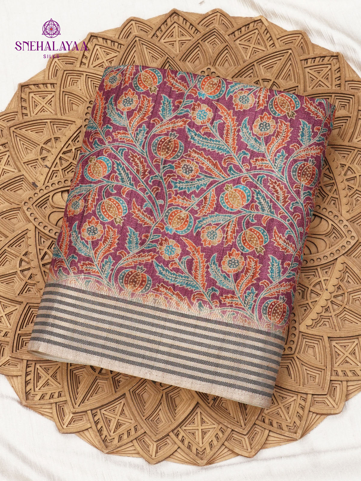 Magenta Floral Printed Tussar Saree