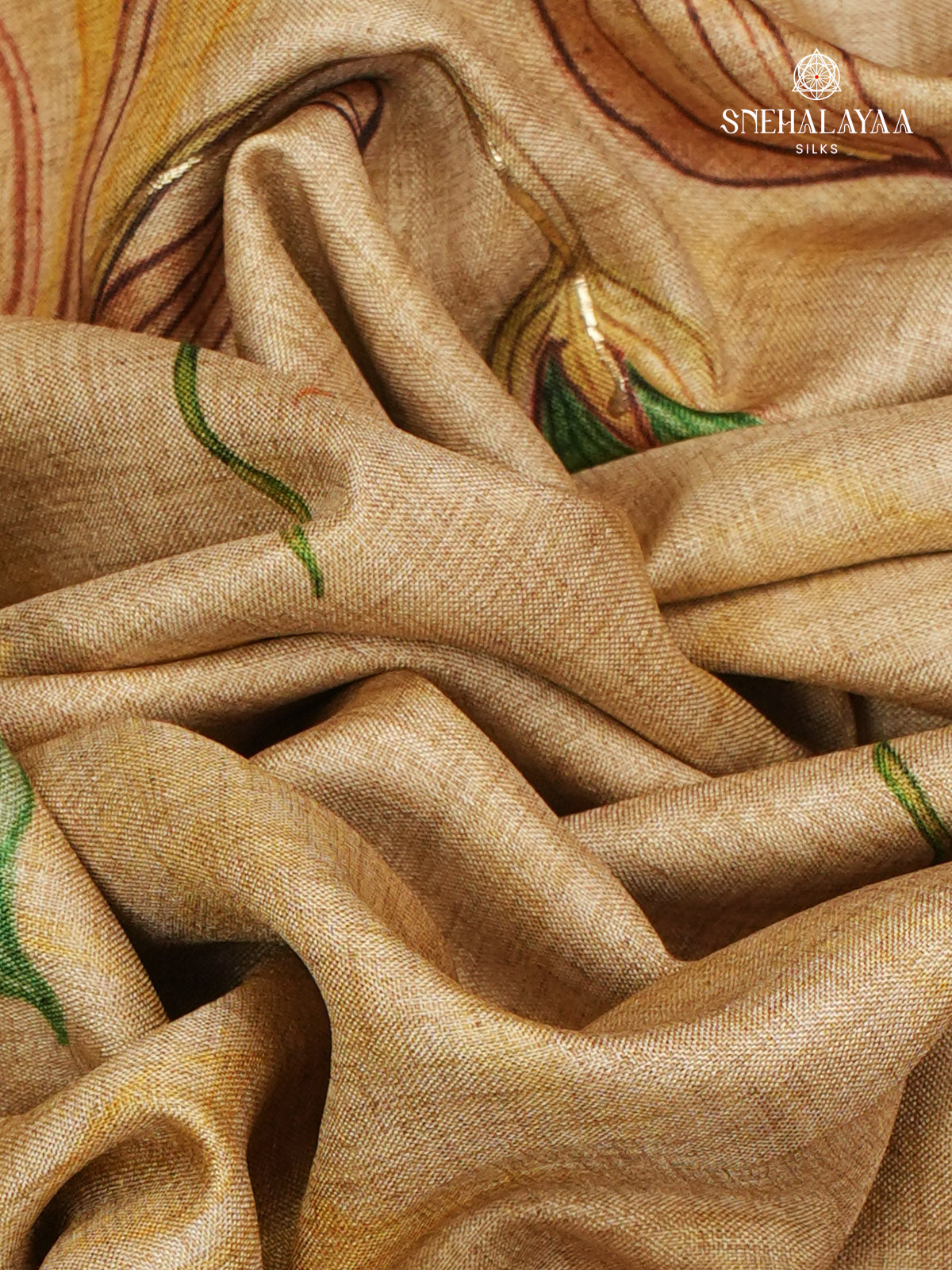 Beige Golden Floral Printed Tussar Saree