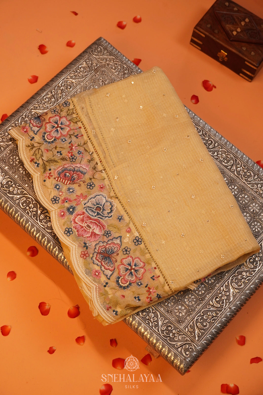 Mustard Yellow Kota Embroidery Saree