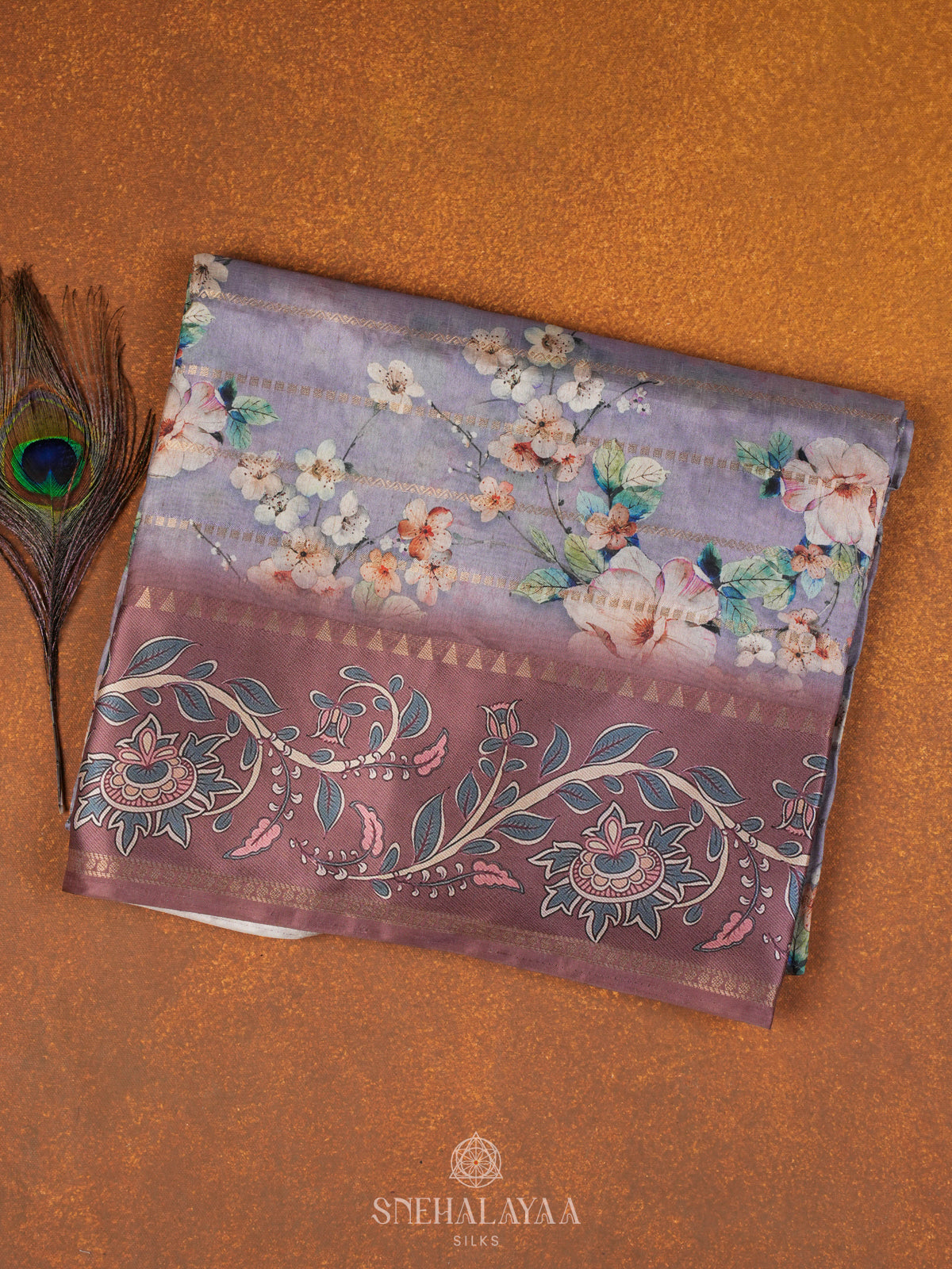 Grey Floral Printed Tussar Saree