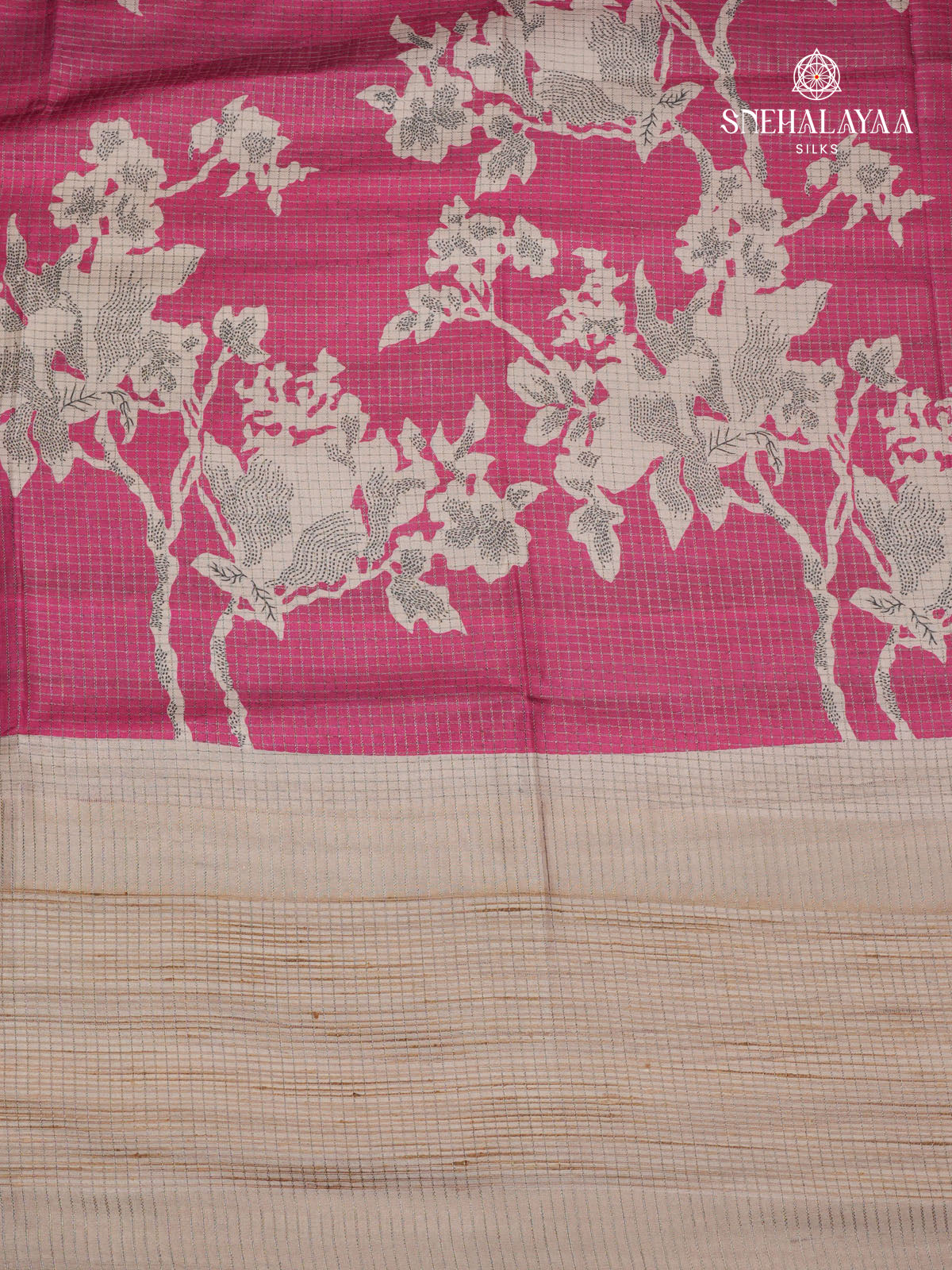 Magenta Floral Printed Tussar Saree