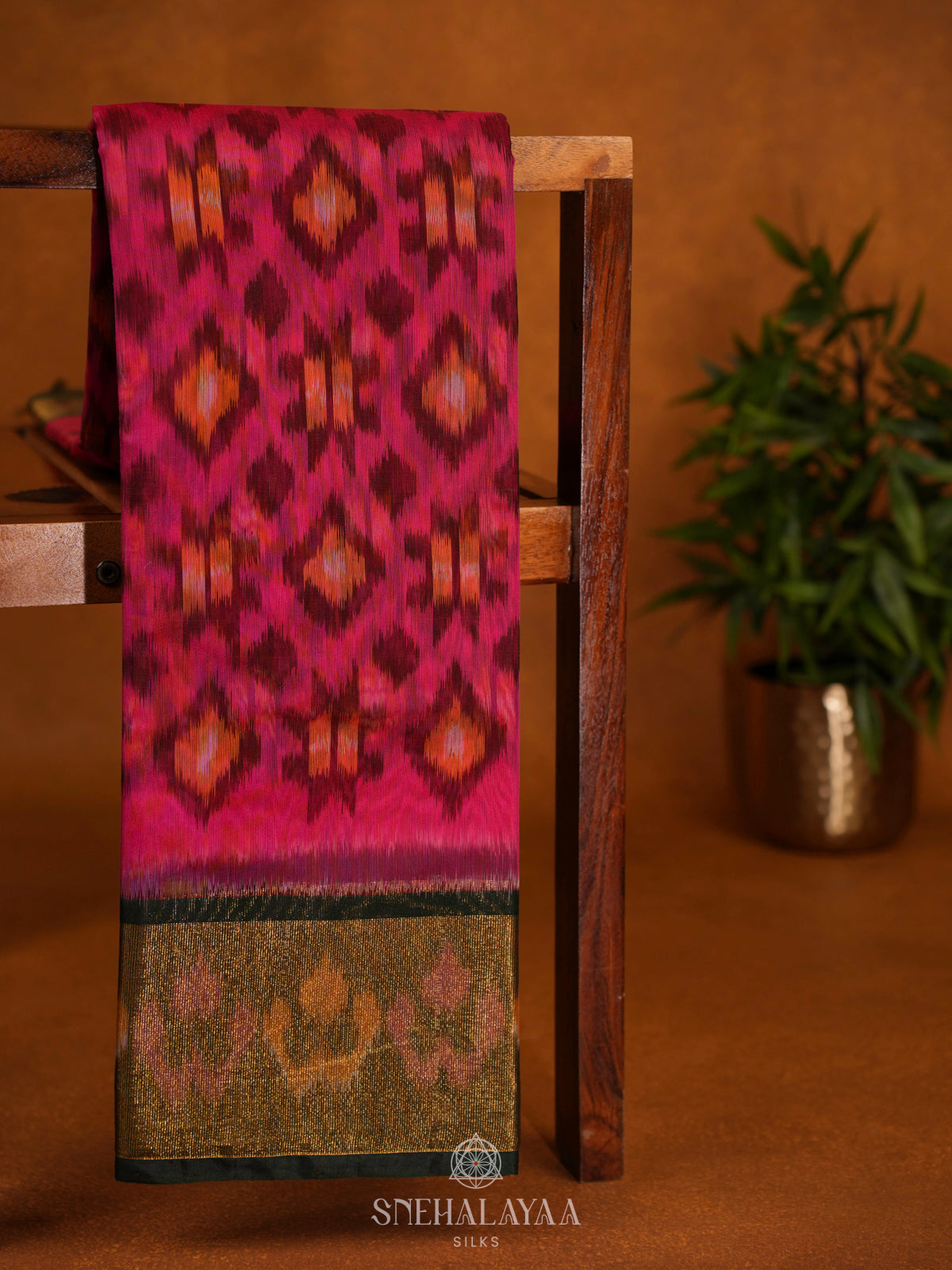Pink Ikat Silk Cotton Saree with Traditional Woven Border