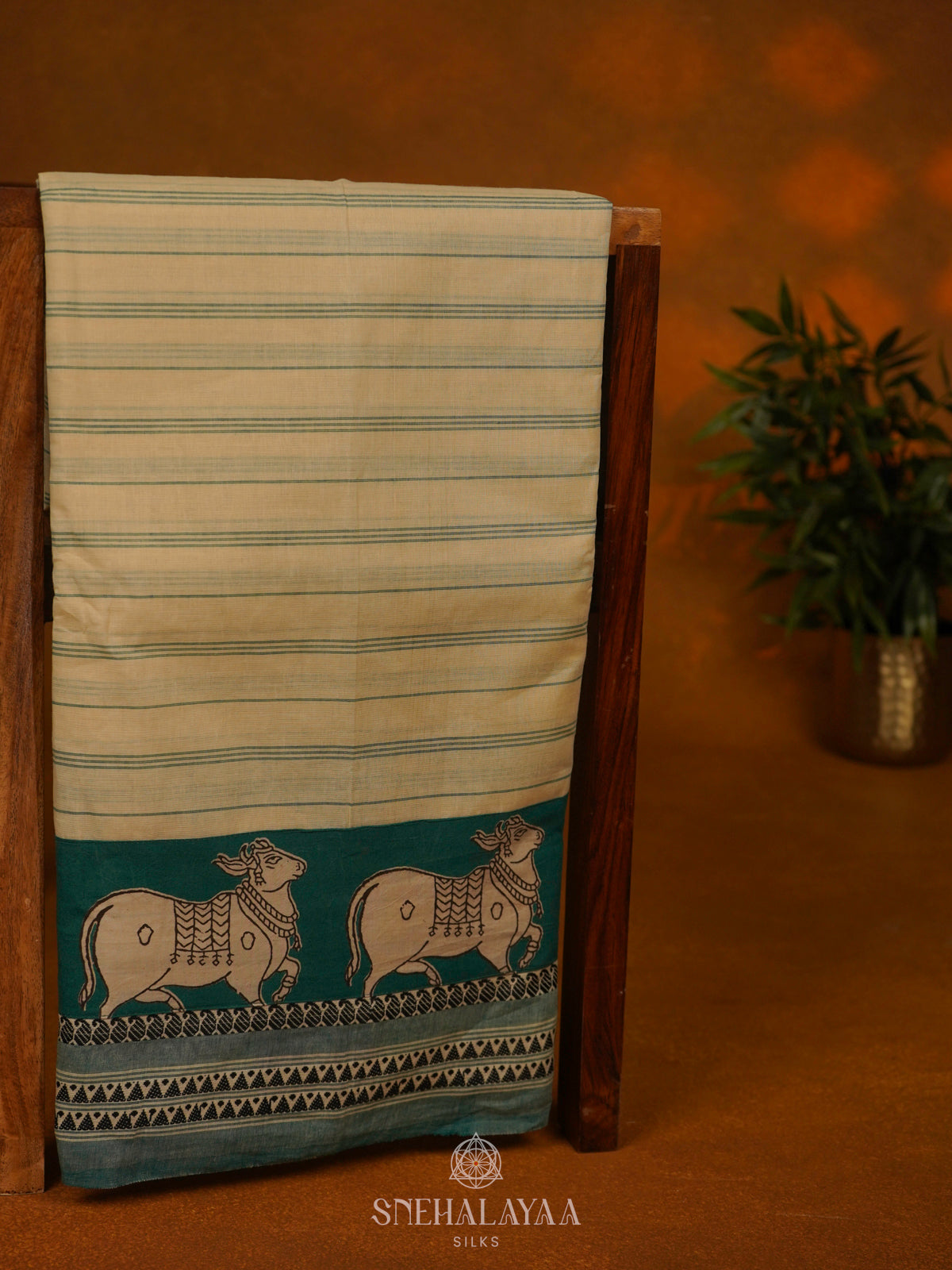 Cream Printed Cotton Saree