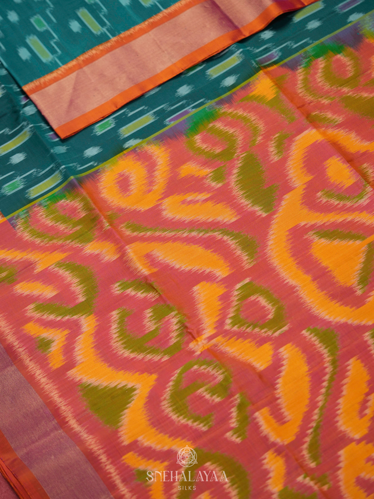 Teal Ikat Soft Silk Saree