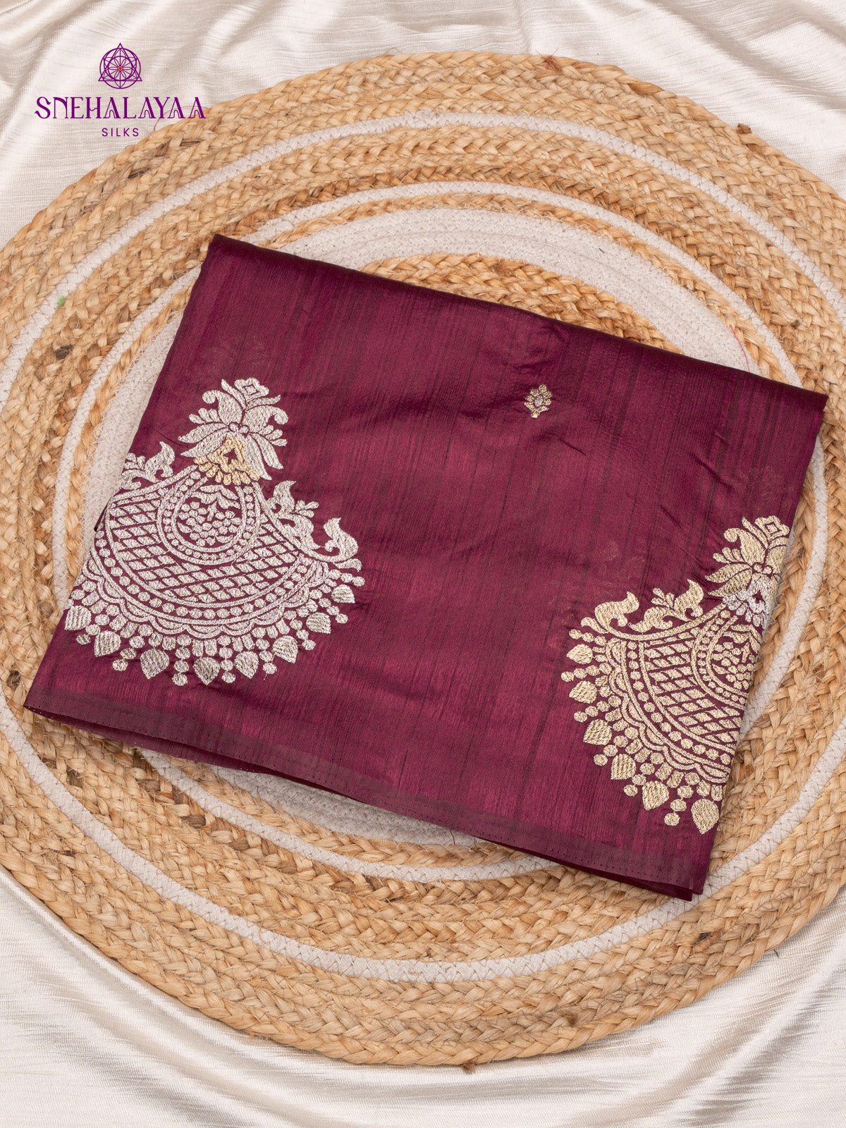 Burgundy Raw Silk Embroidery Saree