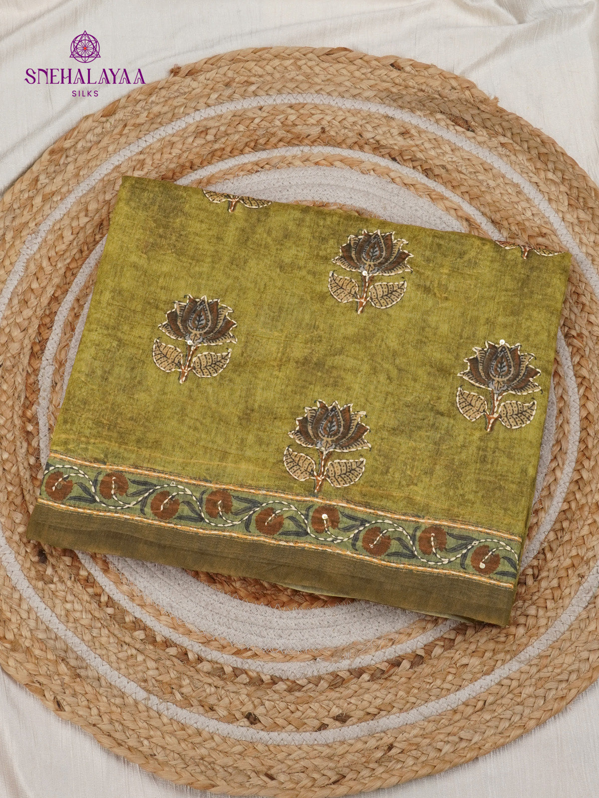 Olive Green Linen Embroidery Saree
