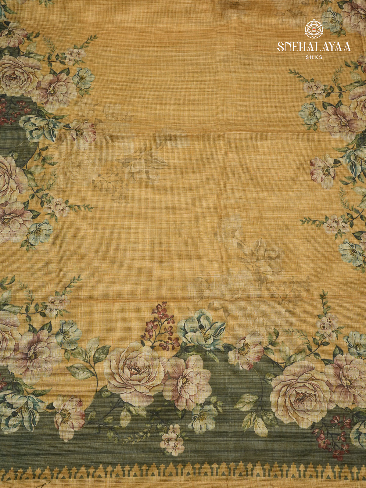 Mustard Yellow With Olive Green Printed Kota Saree