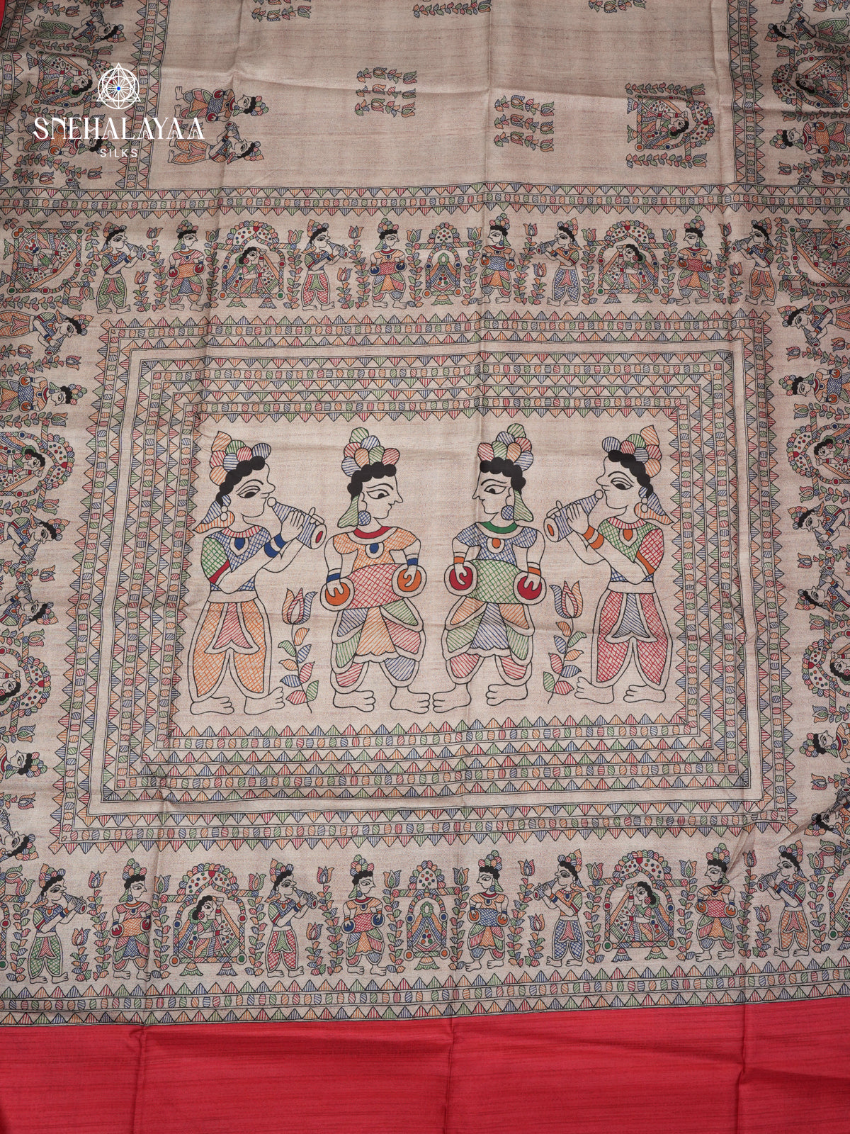 Beige with Red Border Madhubani Saree