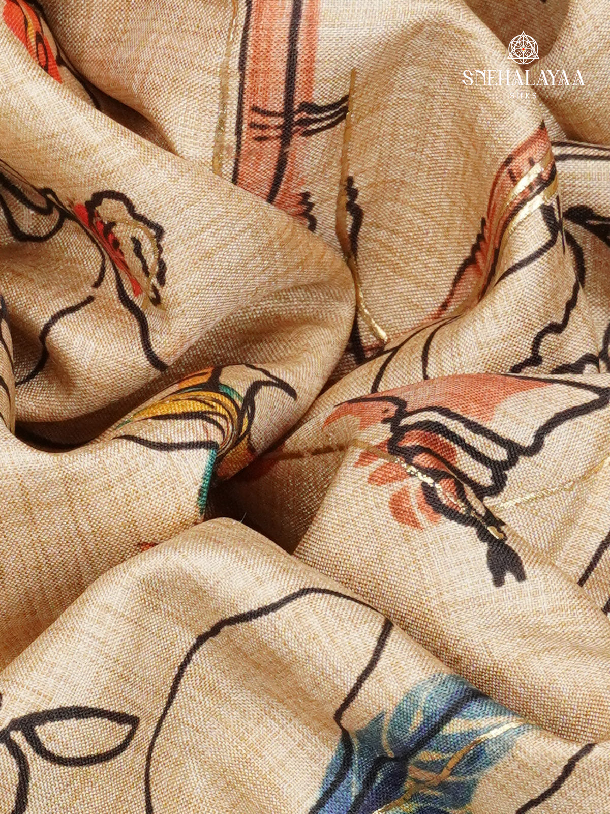 Beige With Navy Blue Floral Printed Tussar Saree