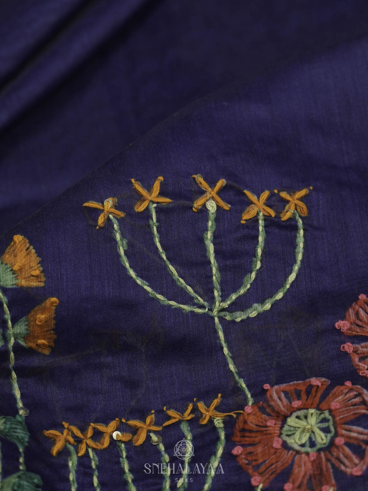 Navy Blue Linen Embroidery Saree