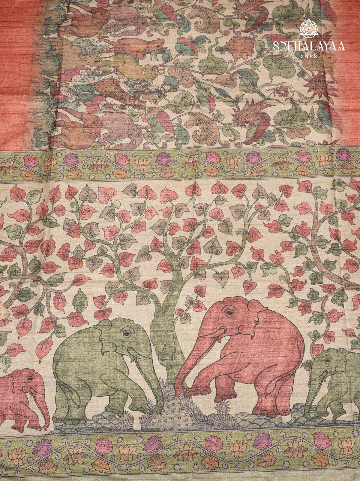 Beige With Red Border Kalamkari Tussar Saree