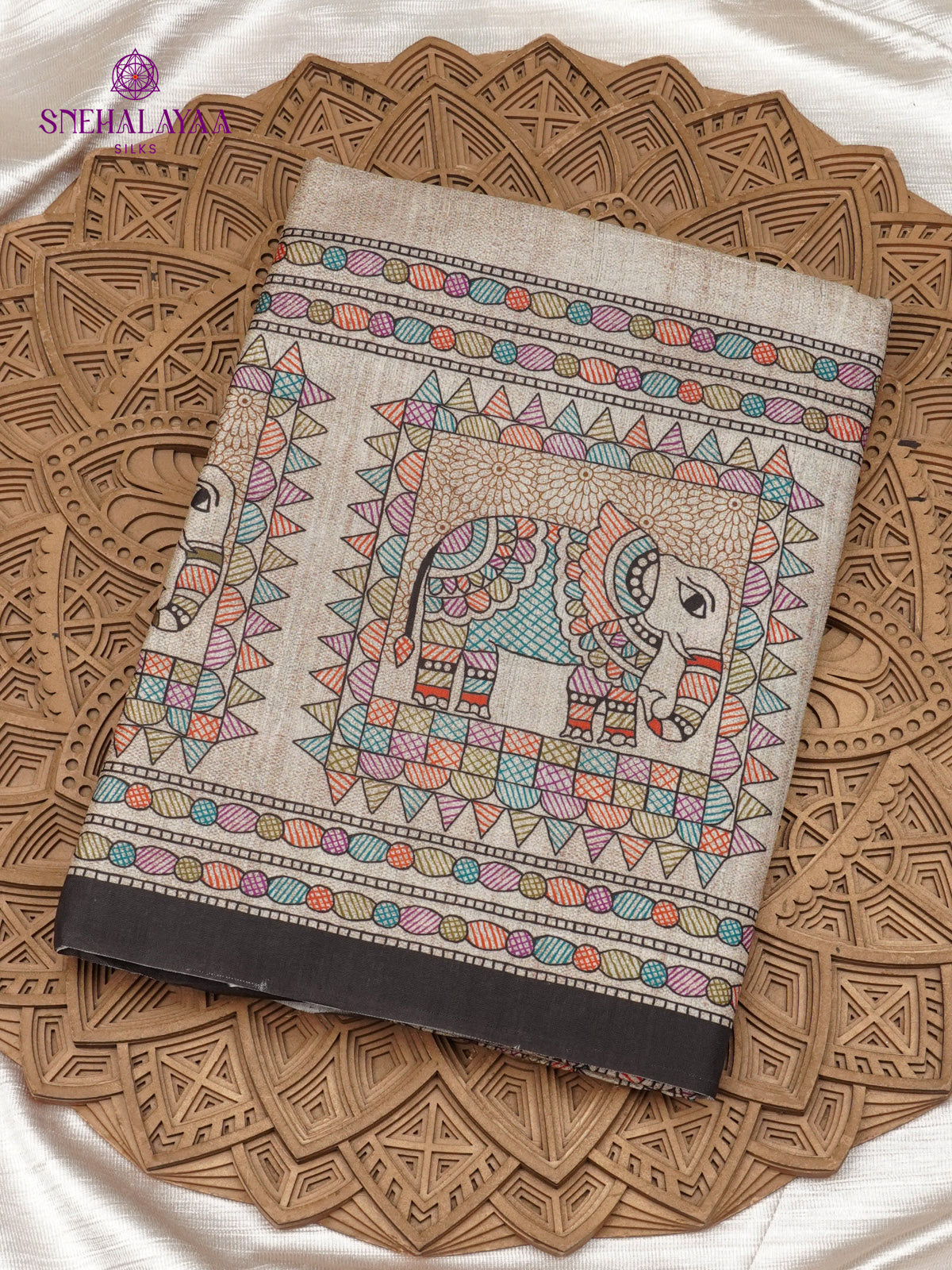 Beige With Black Border Madhubani Saree