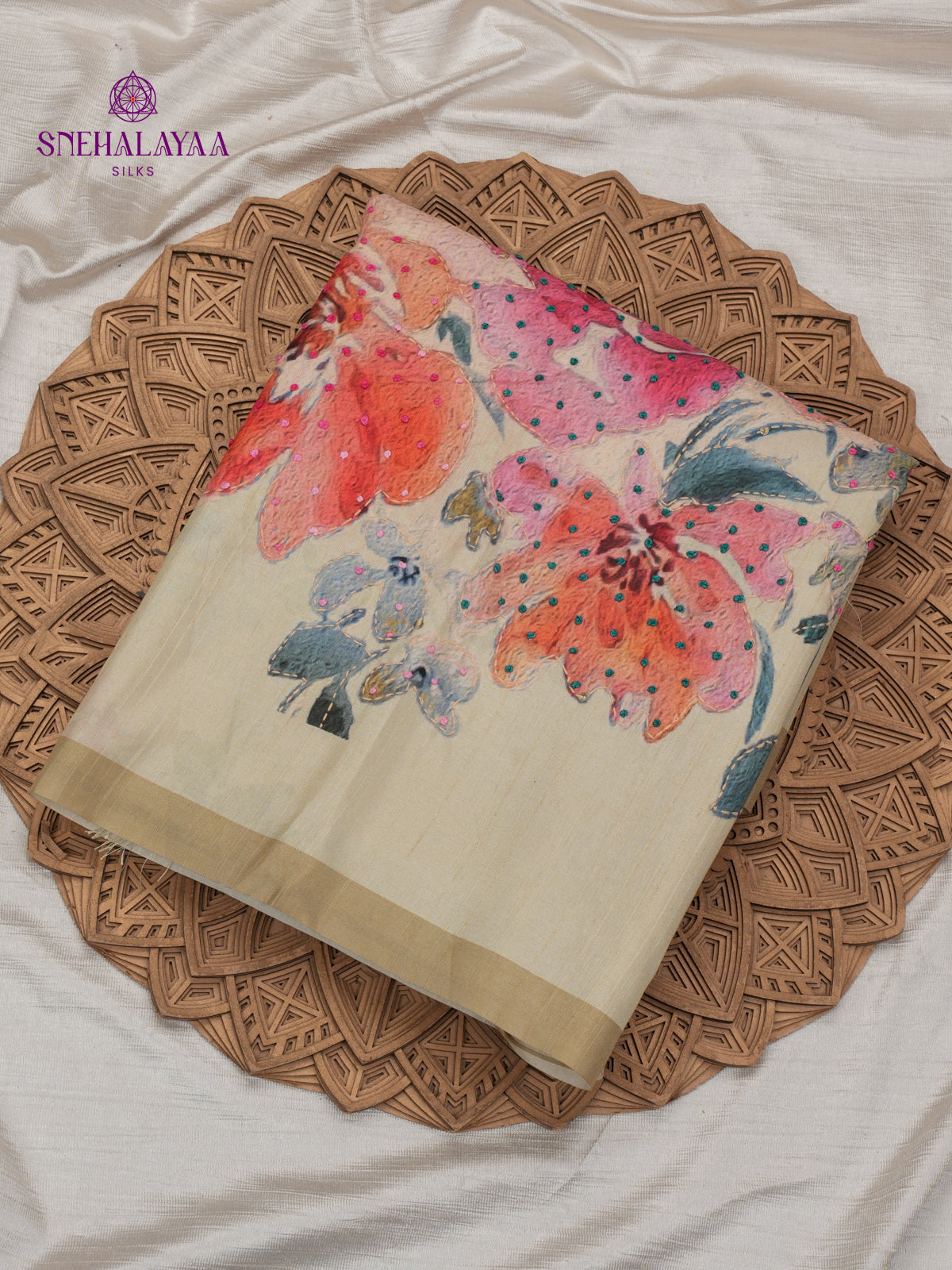 Beige Tussar Embroidery Saree