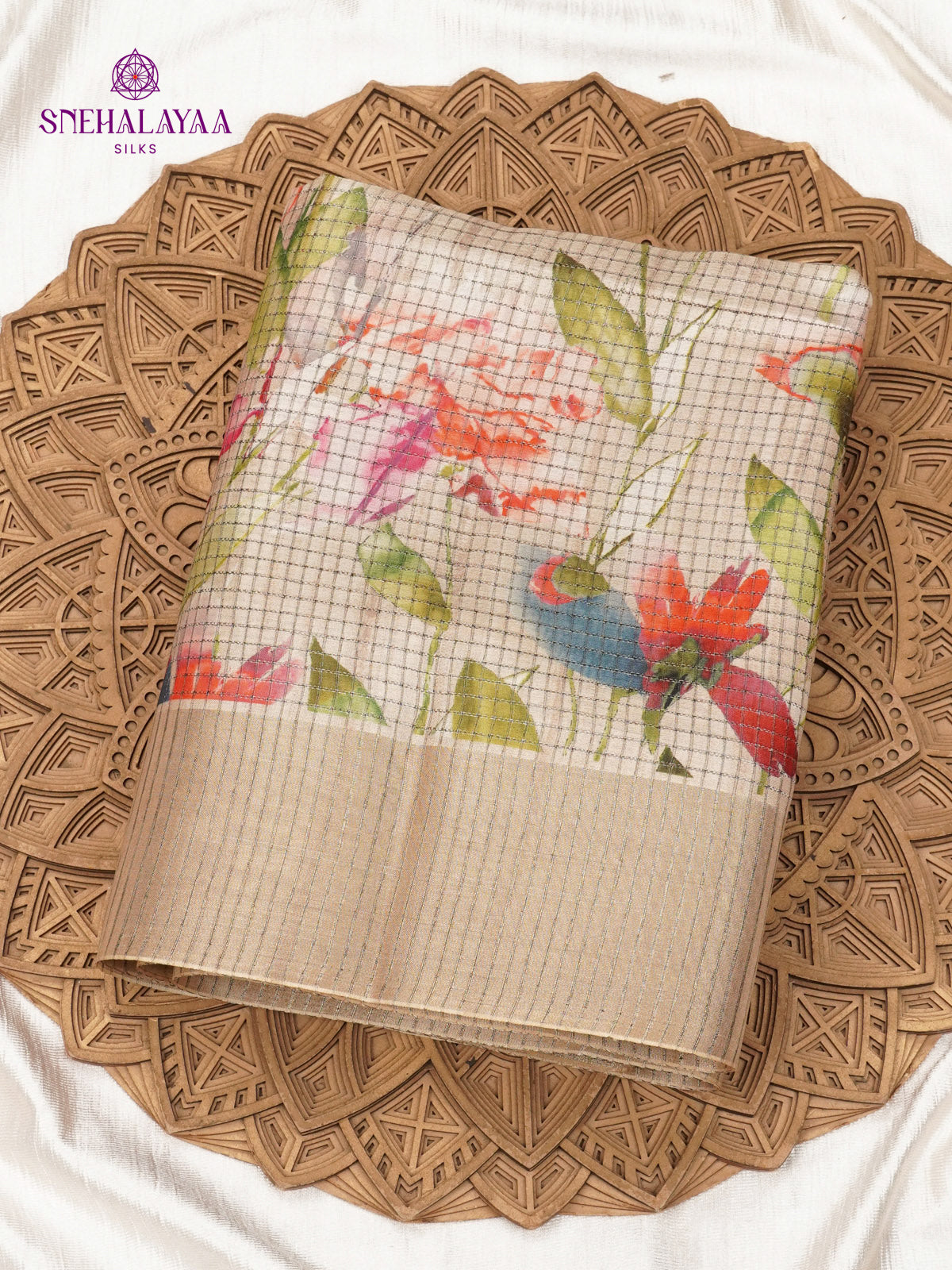 Beige Floral Printed Tussar Saree