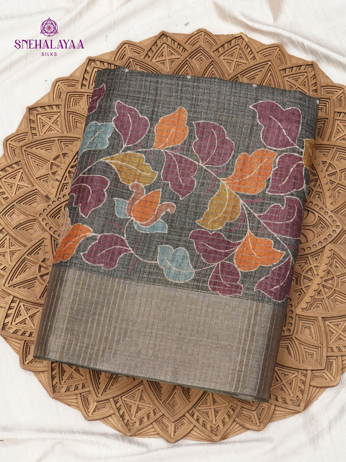 Black Floral Prtinted Tussar Saree