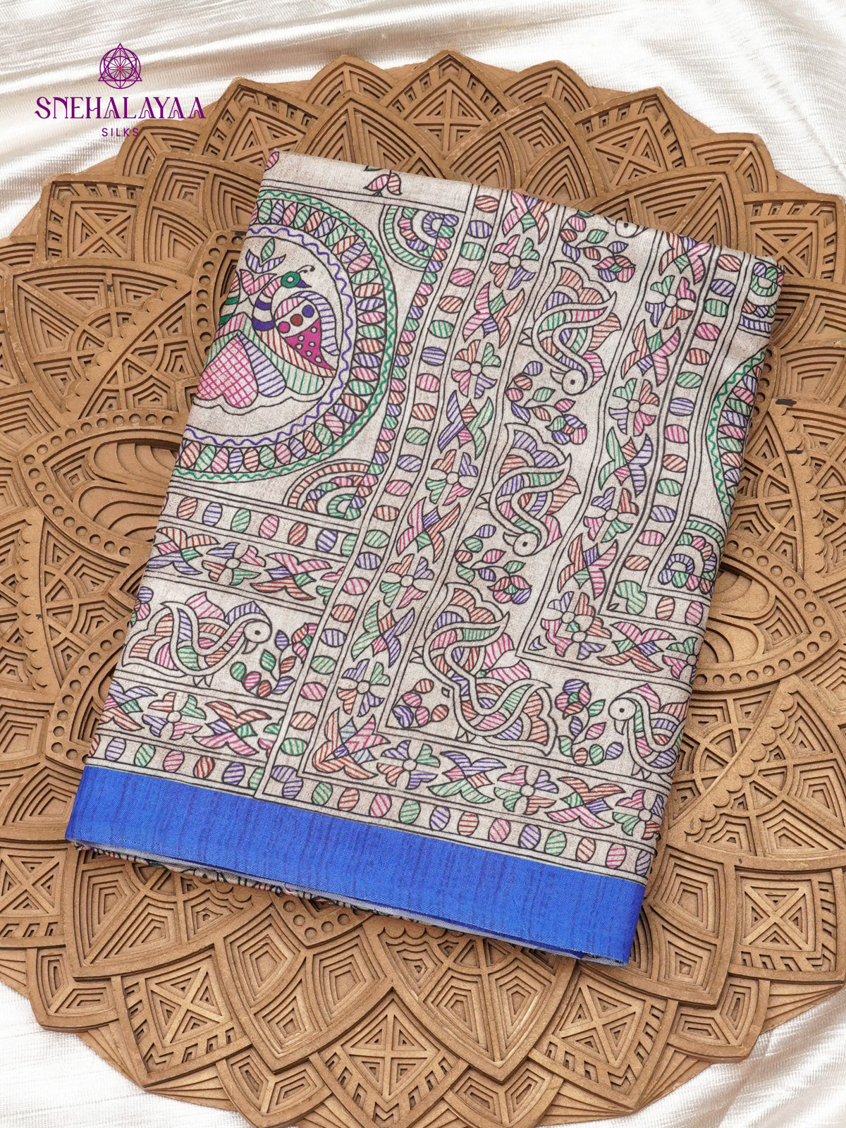 Beige With Navy Blue Border Madhubani Saree