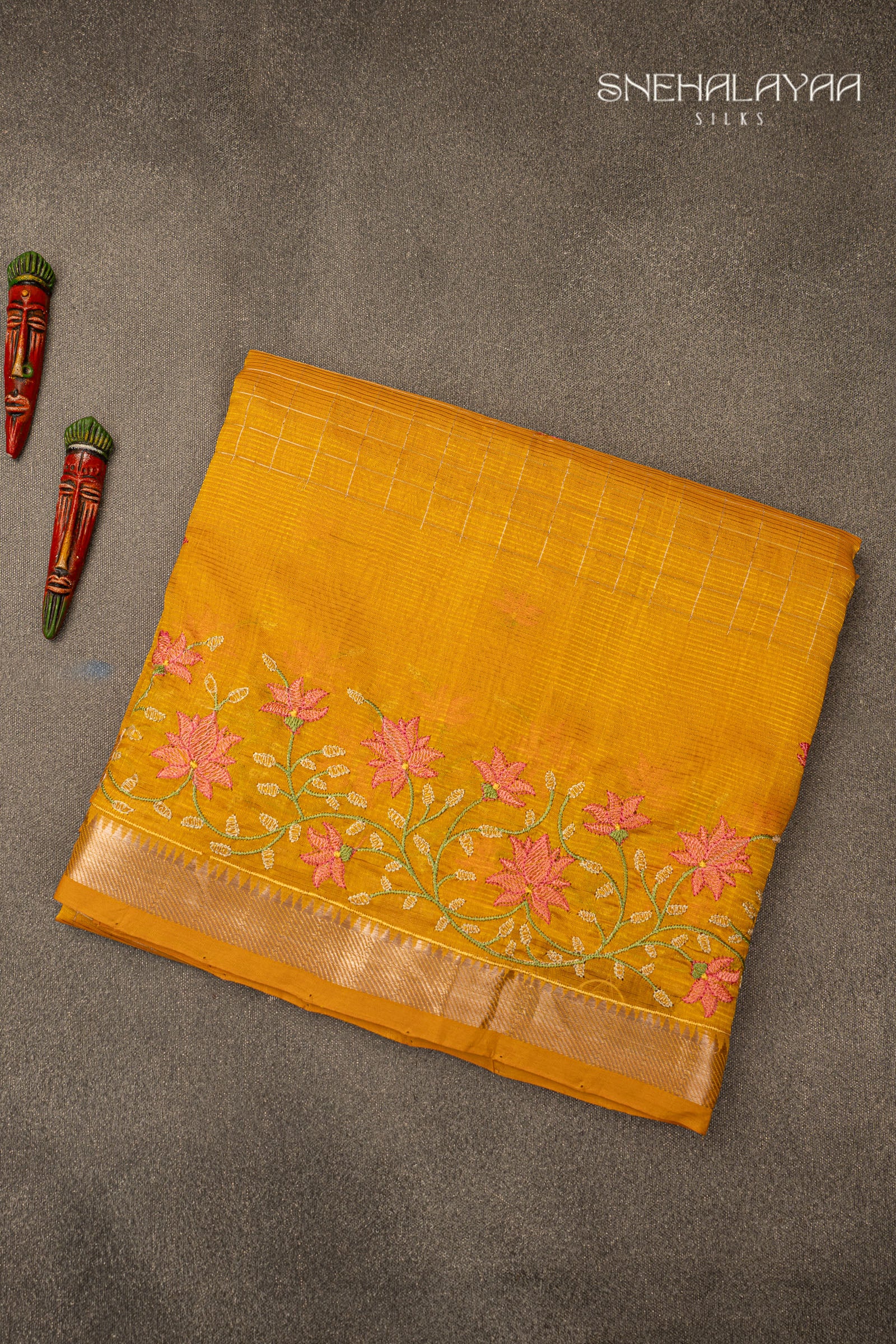 Mustard Yellow Mangalgiri Embroidery Saree