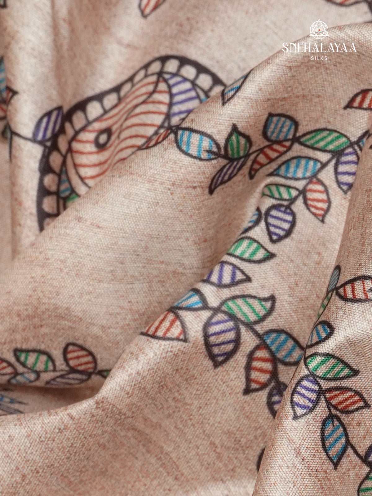 Beige With Orange Border Madhubani Saree