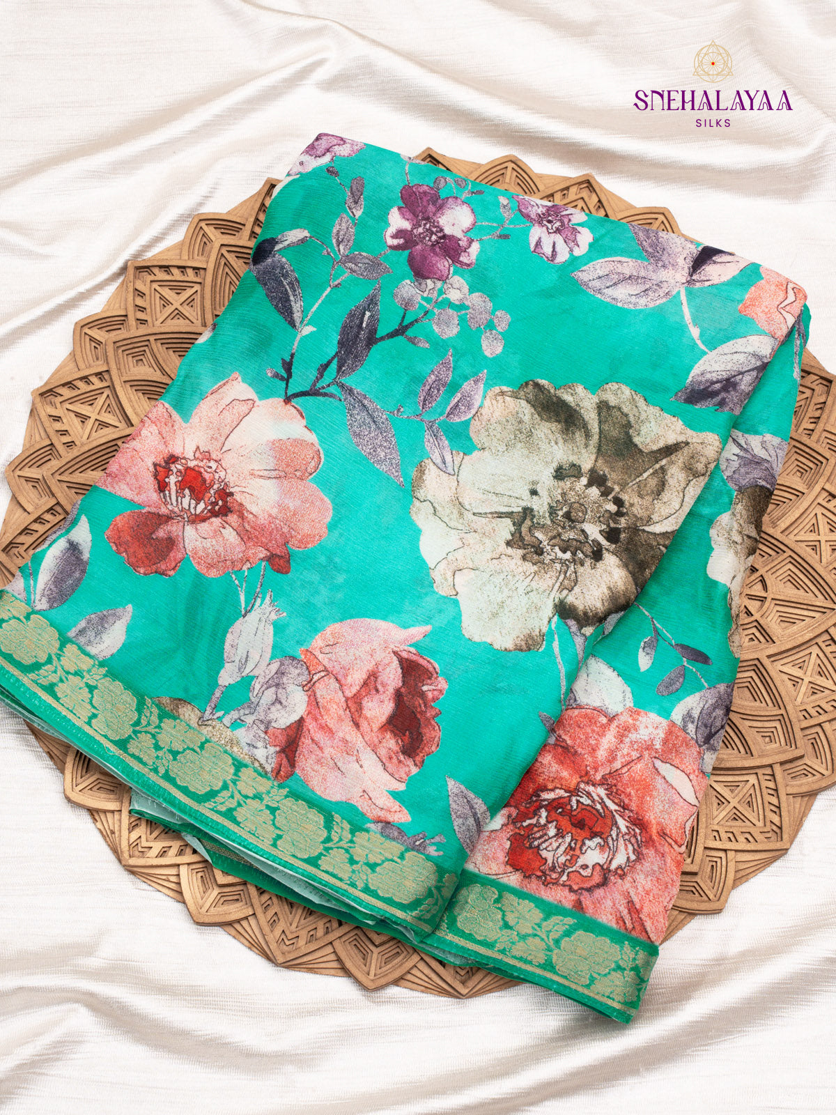 Teal Green Printed Chiffon Saree