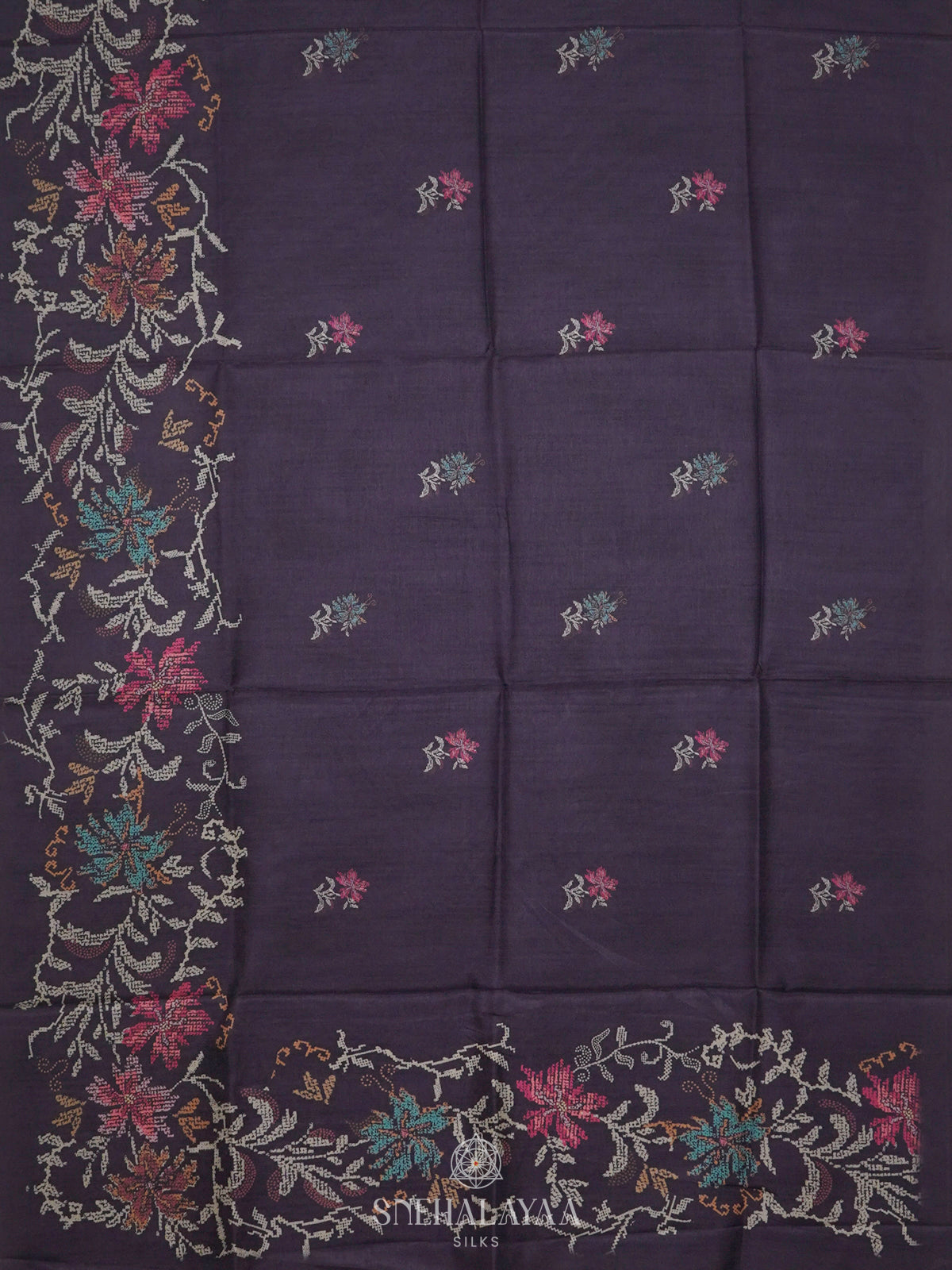 Purple Floral Printed Tussar Saree