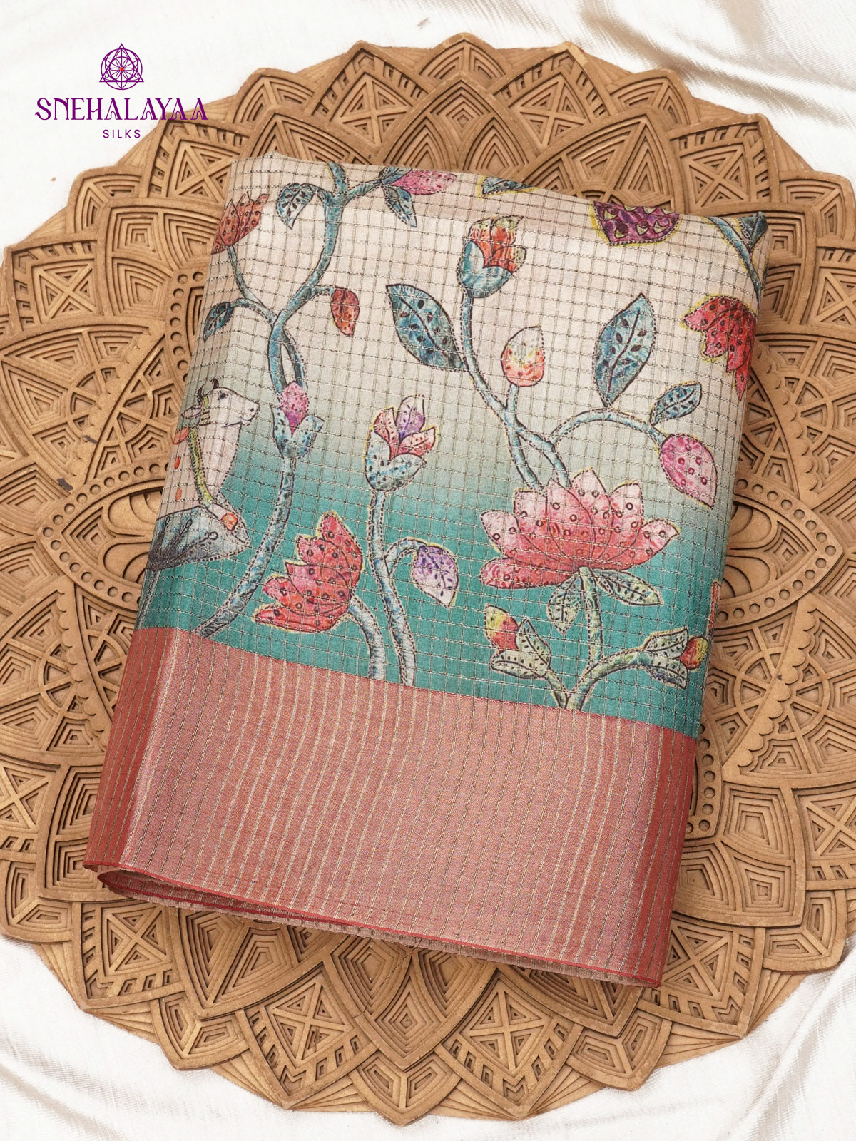 Beige Floral Printed Tussar Saree