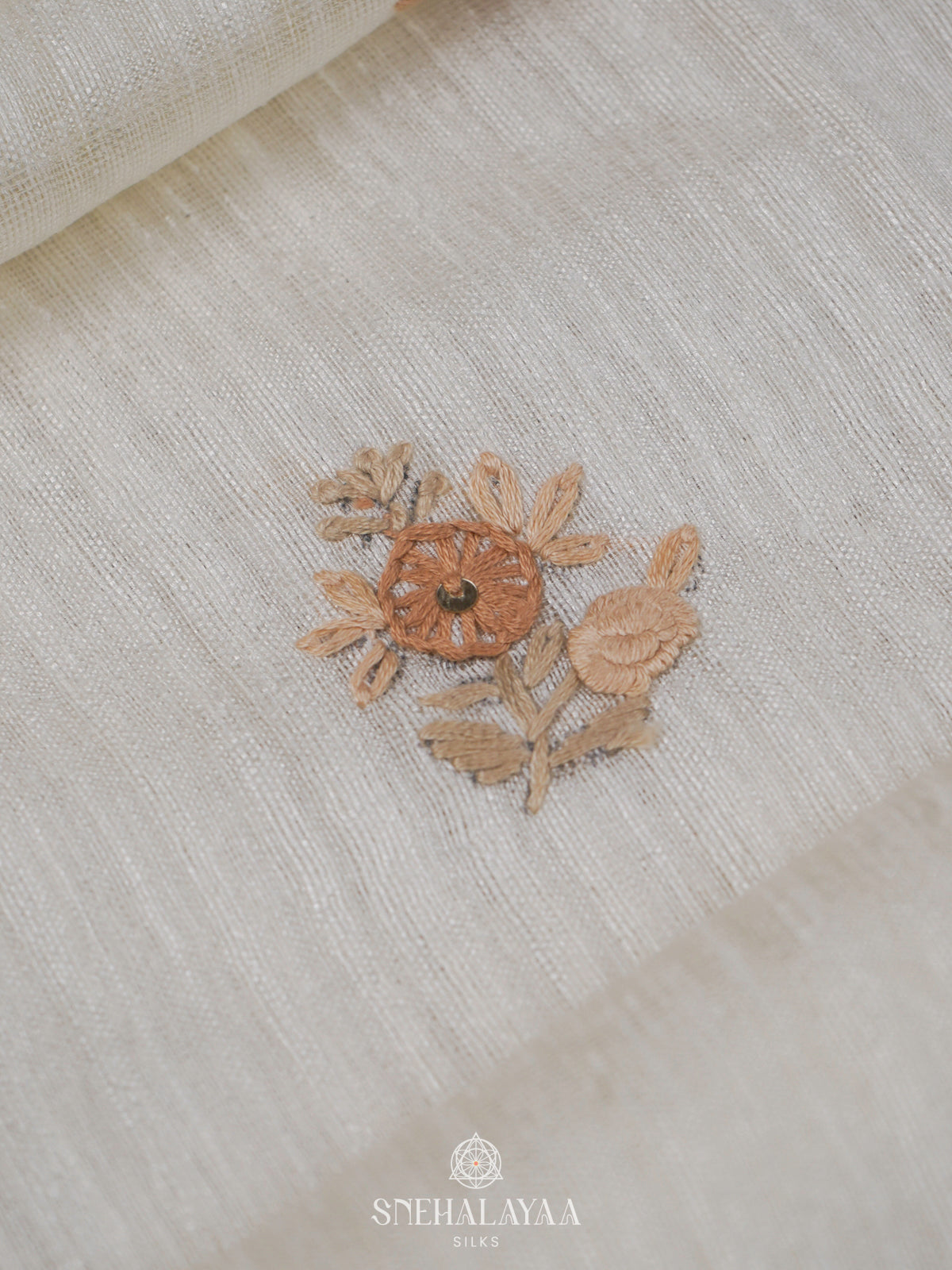 Off White Linen Embroidery Saree