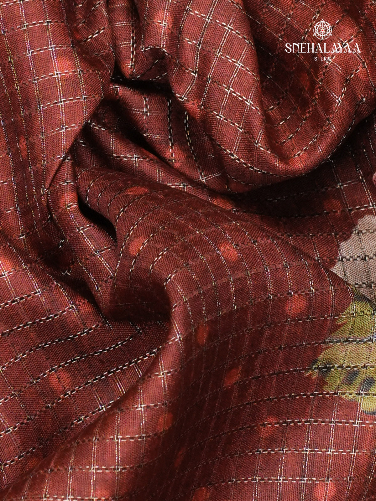 Brown Floral Printed Tussar Saree