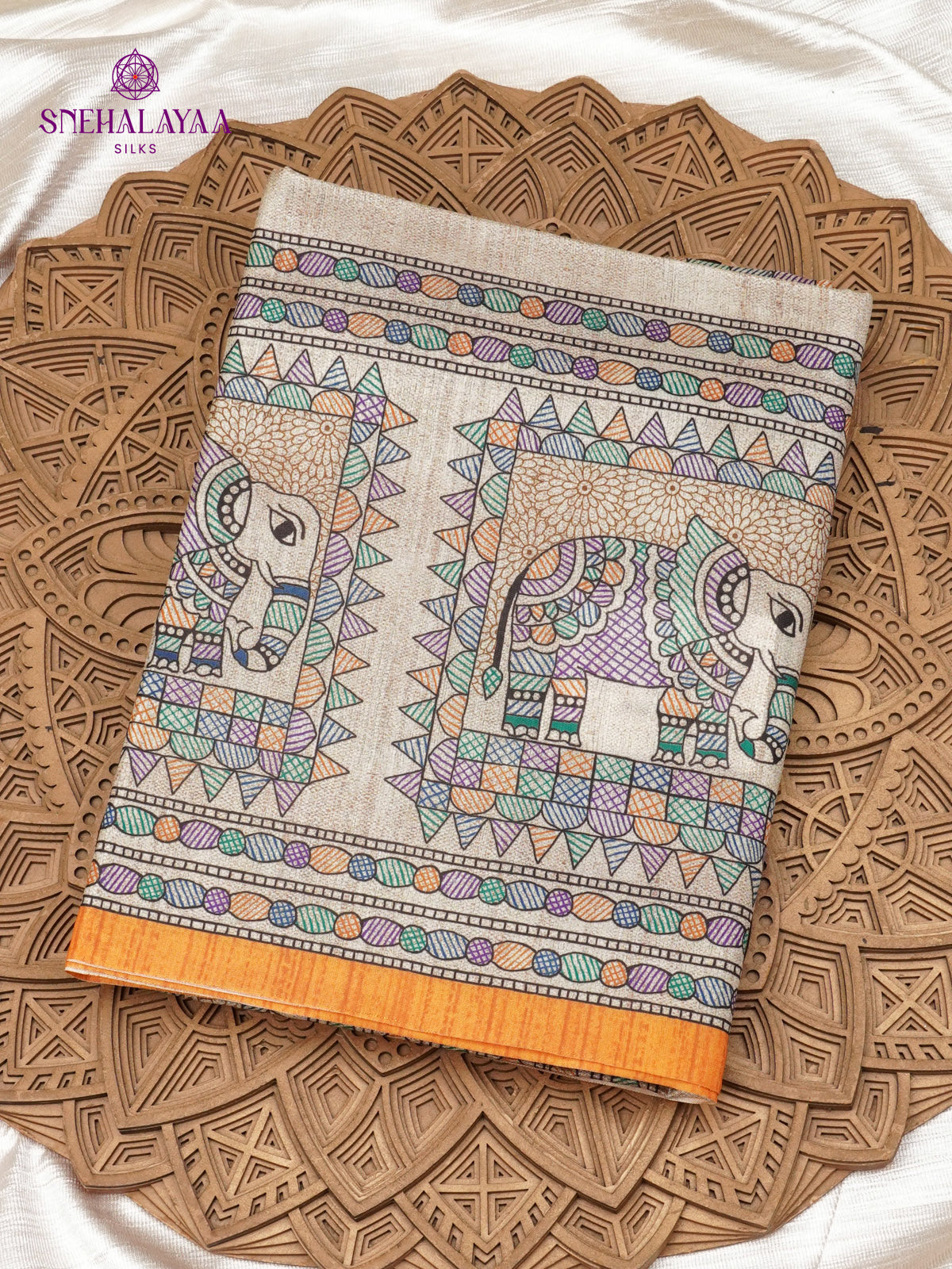 Beige With Yellow Border Madhubani Saree