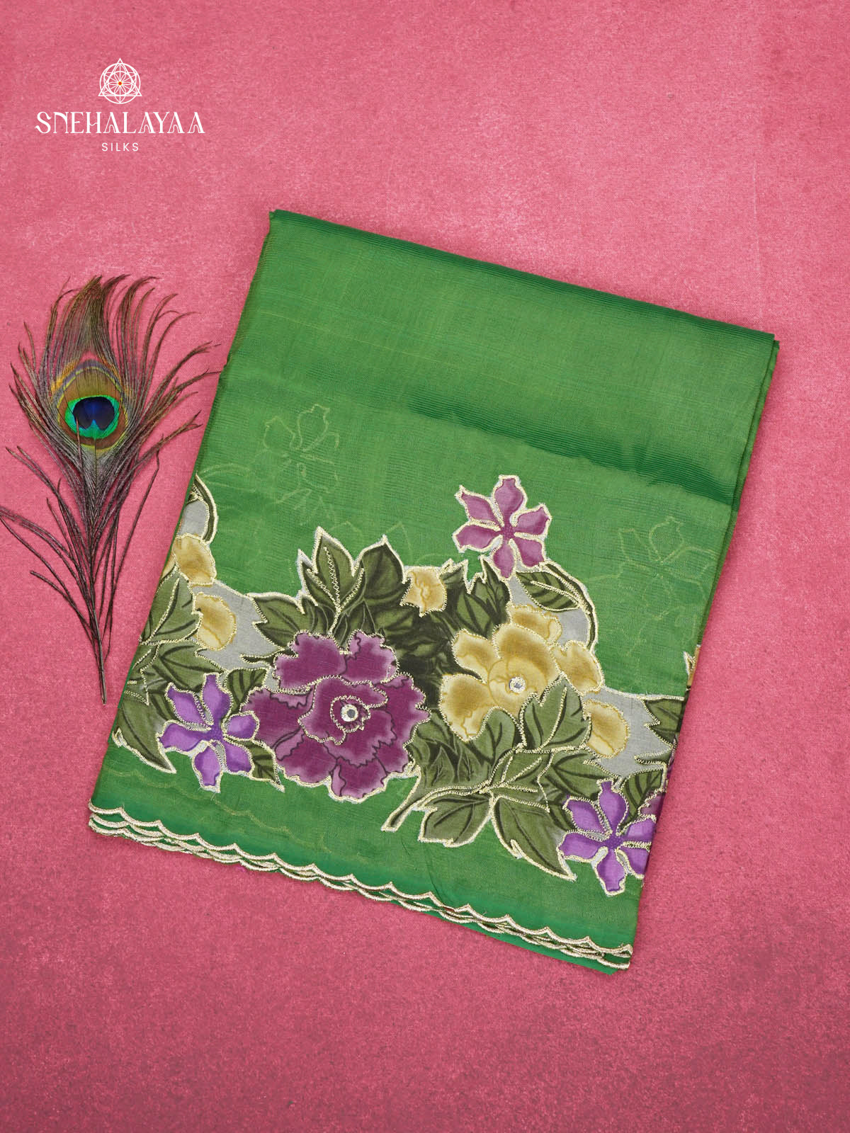 Green Mangalagiri Silk Cotton Saree with Floral Embroidery