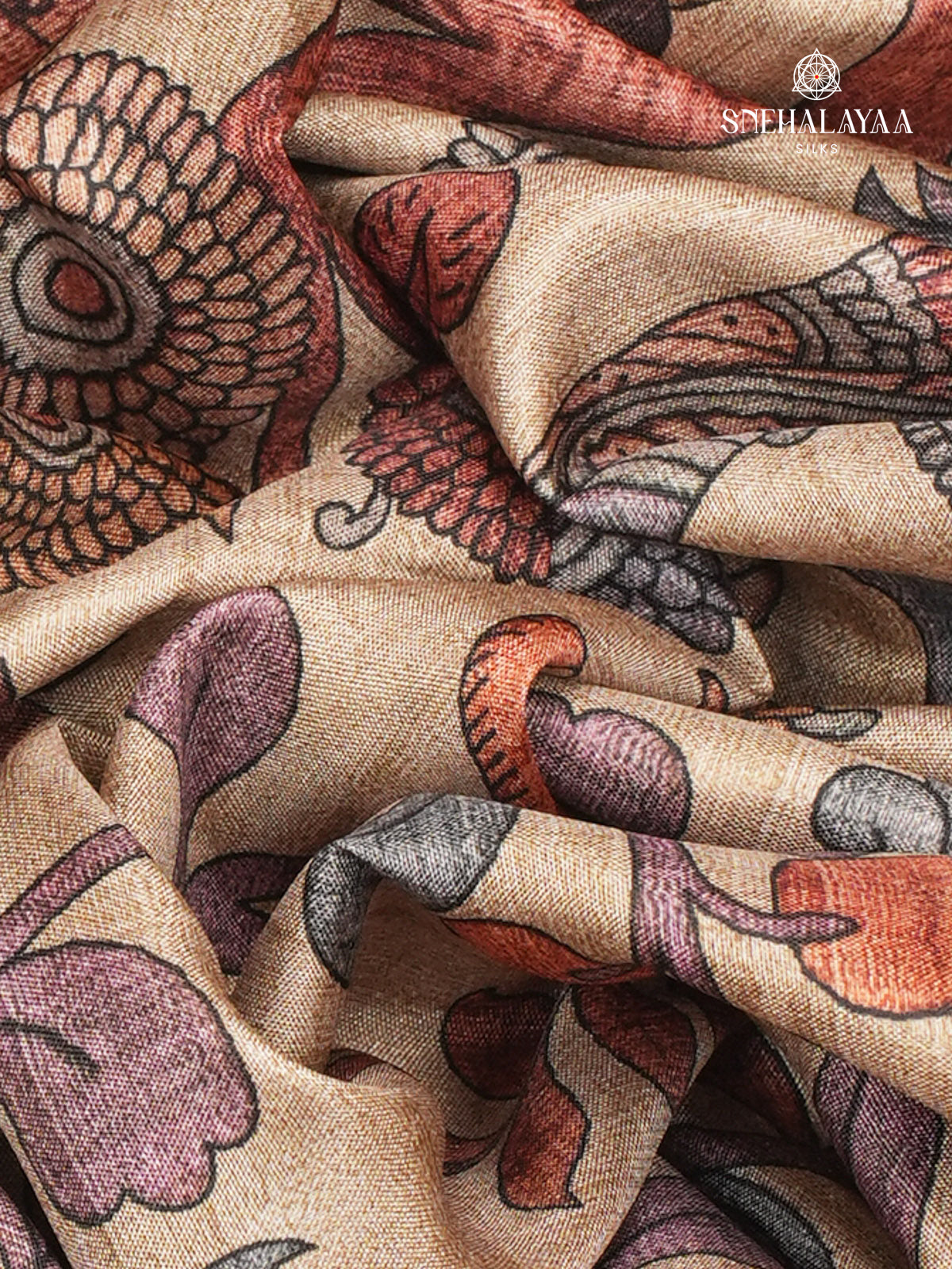 Beige With Maroon Border Kalamkari Tussar Saree