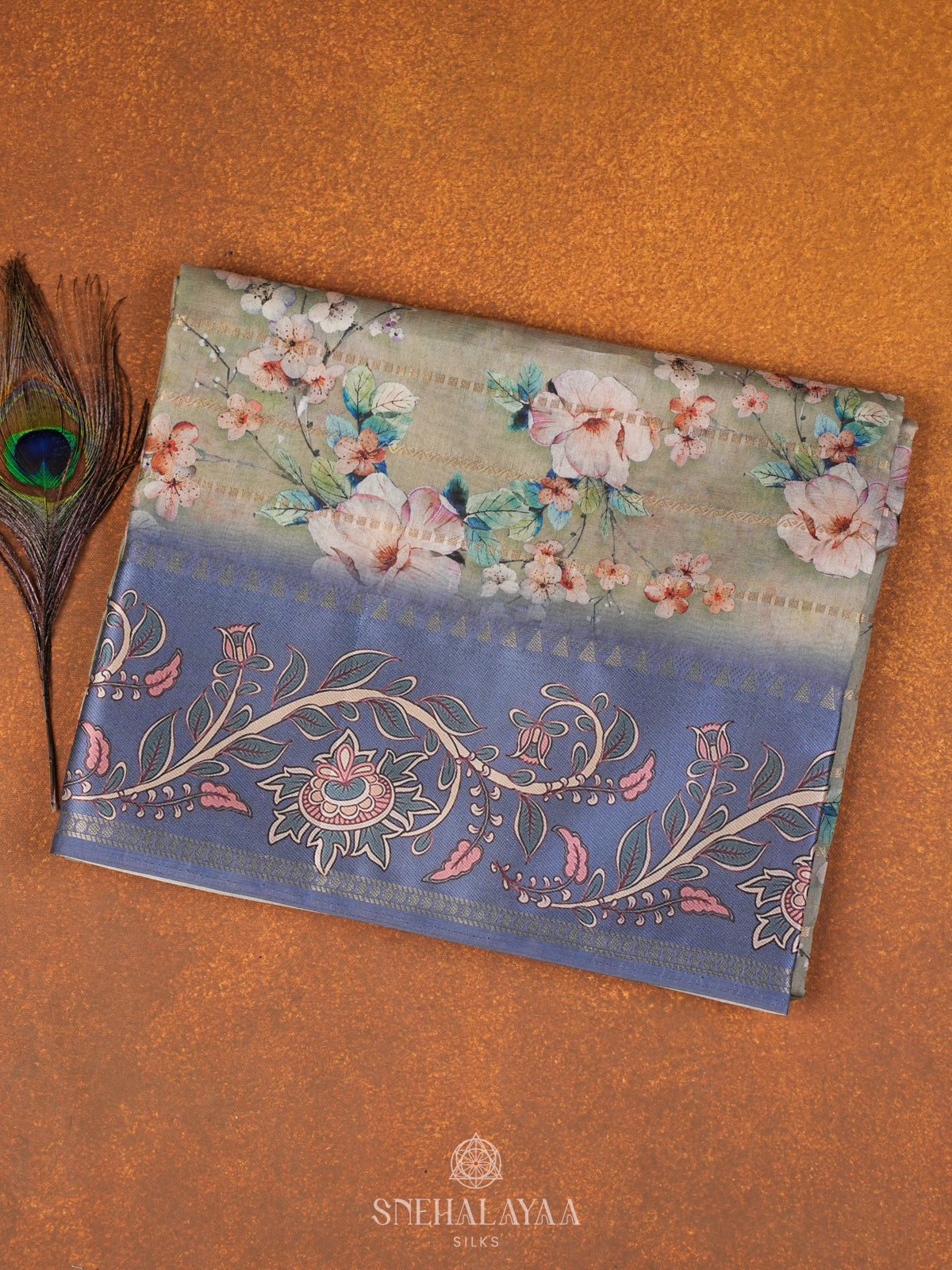 Olive Green Floral Printed Tussar Saree