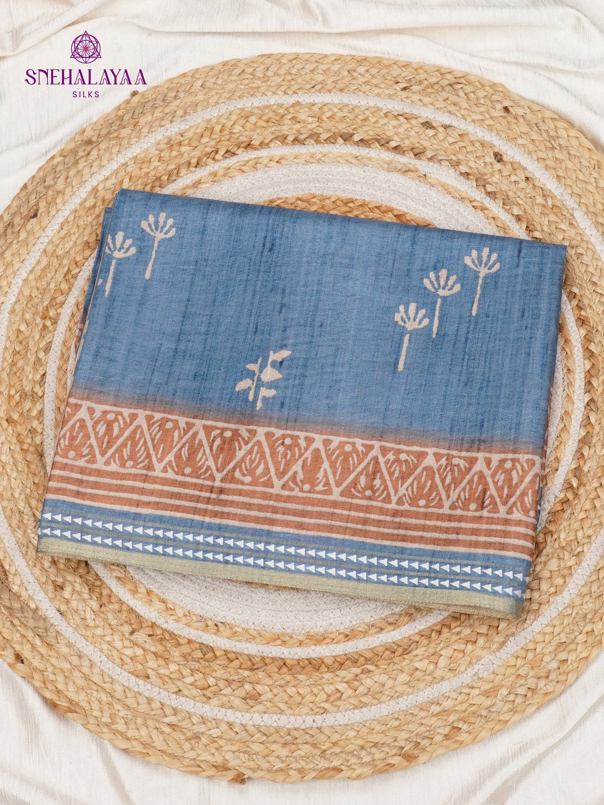 Teal Blue Floral Printed Tussar Saree