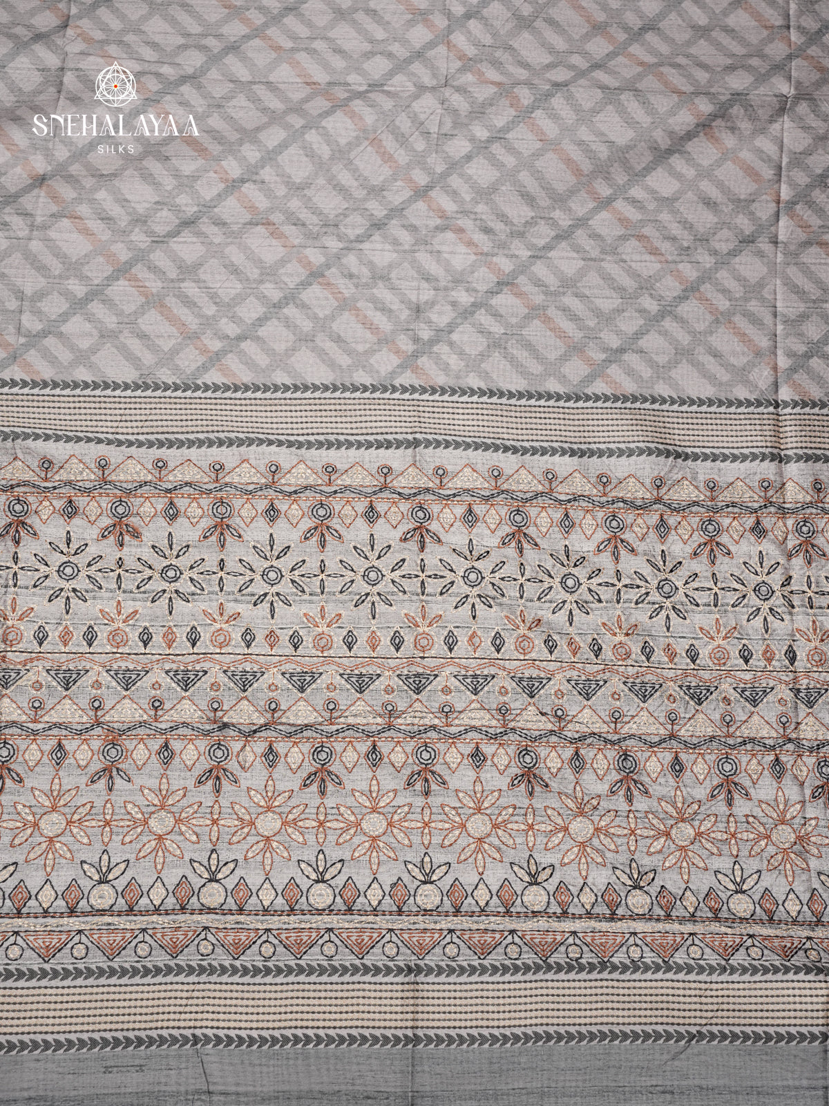 Grey Tussar Embroidery Saree