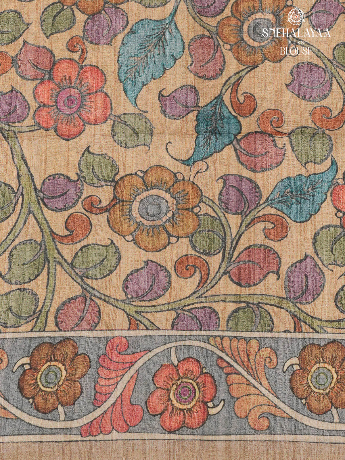 Magenta Floral Printed Tussar Saree