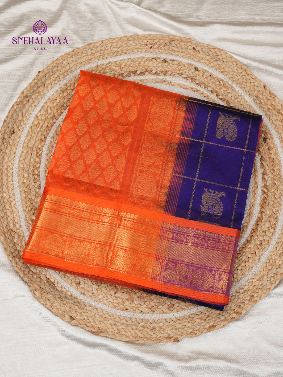 Bright Orange Kuppadam Silk Cotton Saree with Royal Purple Zari Border