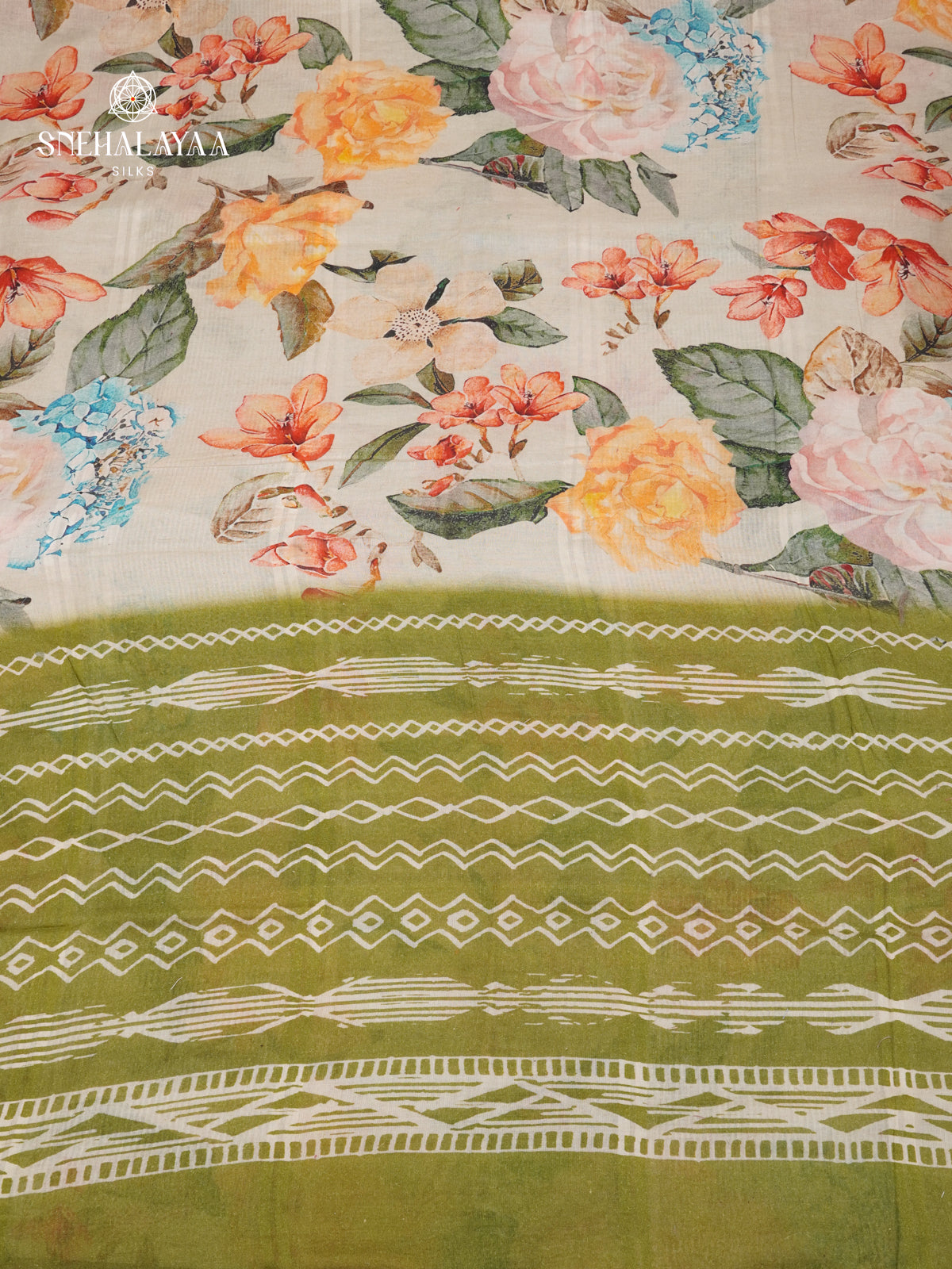 Off White Printed Linen Cotton Saree