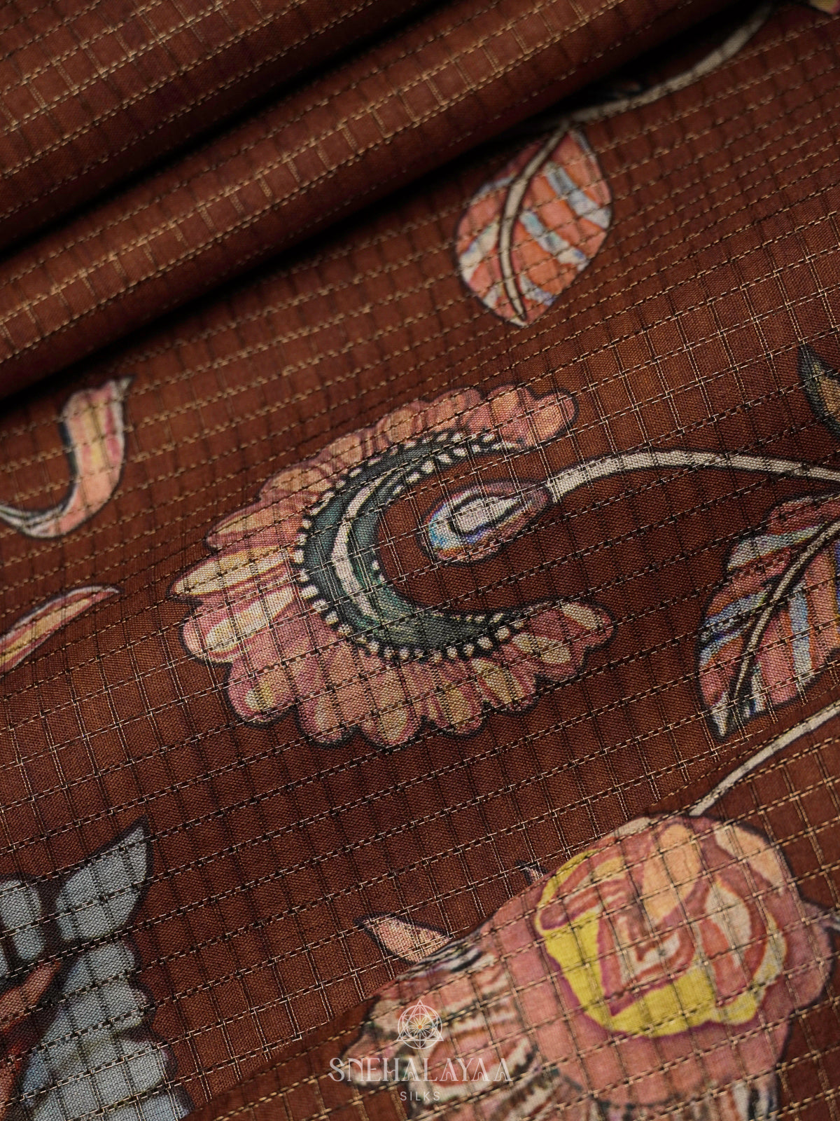 Brown Tussar Saree with Floral Prints