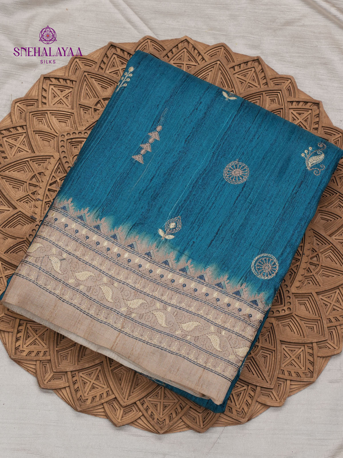 Teal Blue Tussar Embroidery Saree
